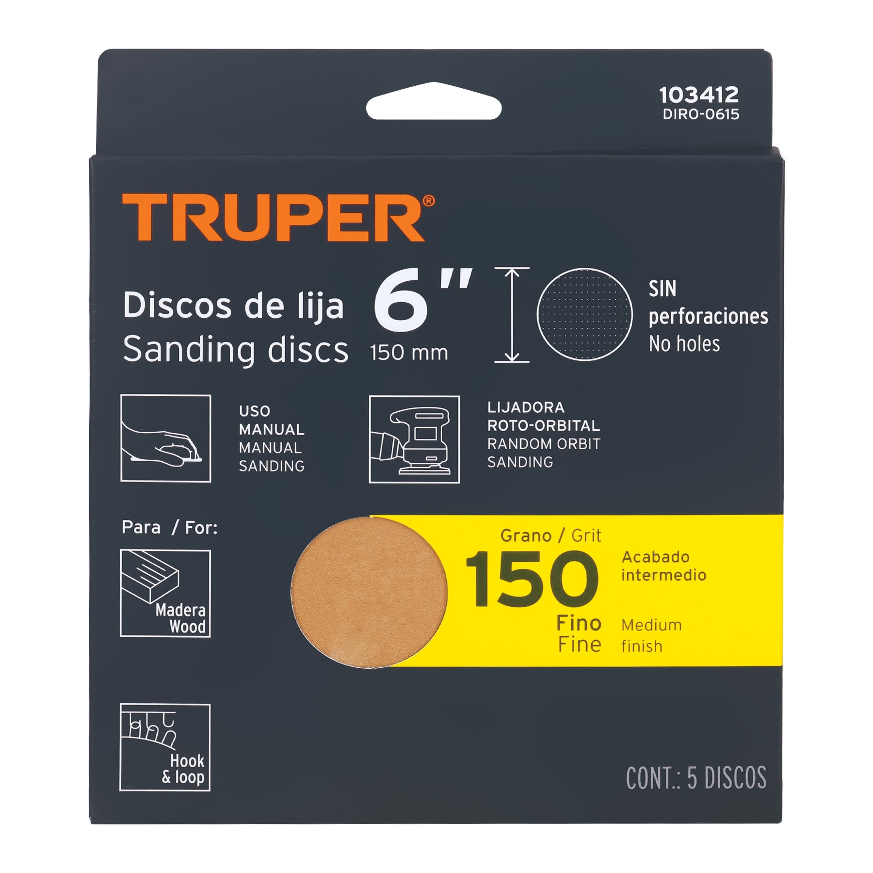 Paquete con 5 discos de lija 6" grano 150, ciegos, TRUPER