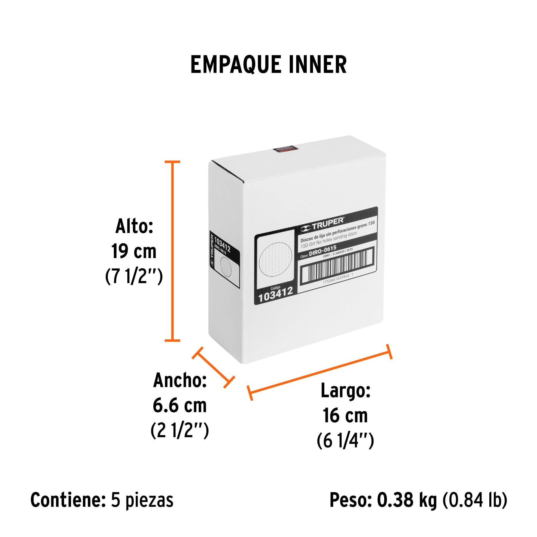Paquete con 5 discos de lija 6" grano 150, ciegos, TRUPER - Empaque