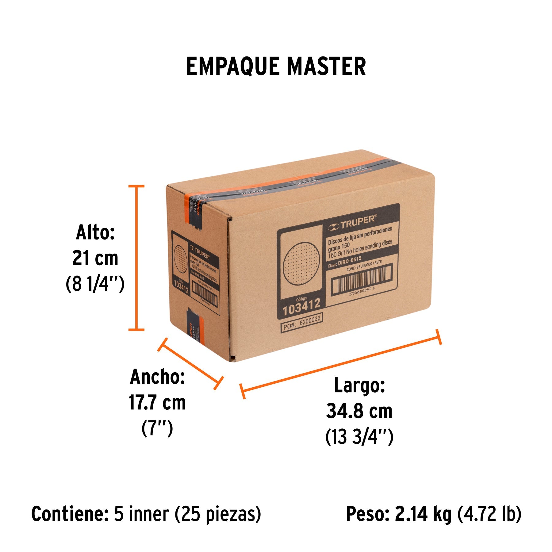 Paquete con 5 discos de lija 6" grano 150, ciegos, TRUPER - Empaque