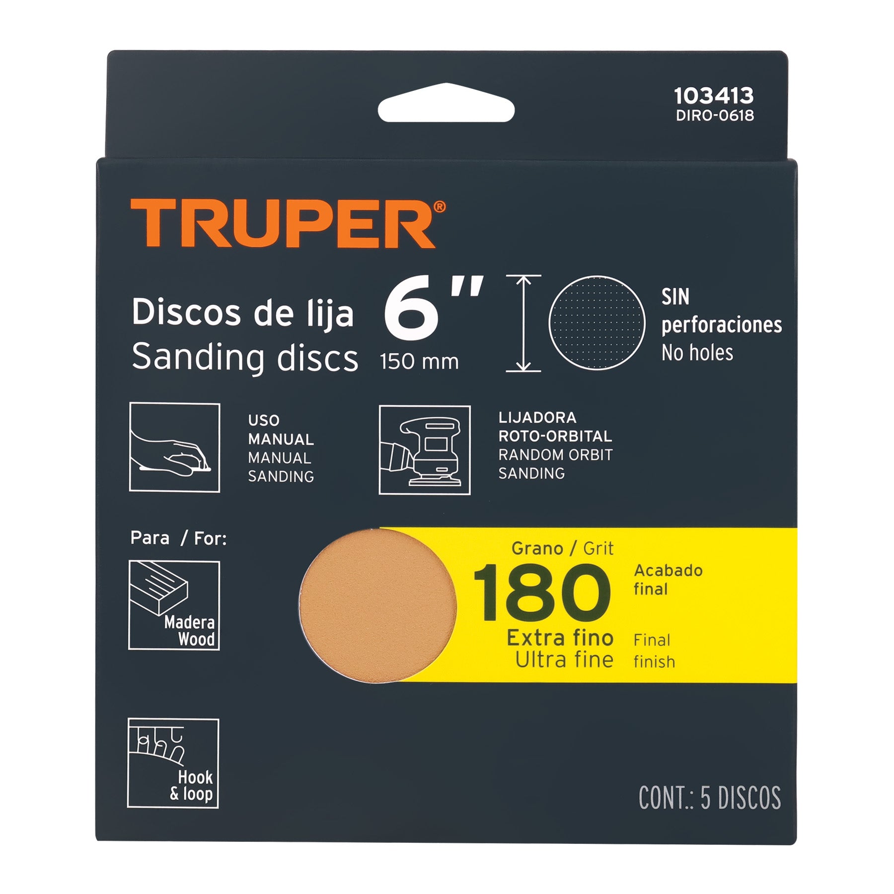 Paquete con 5 discos de lija 6" grano 180, ciegos, TRUPER