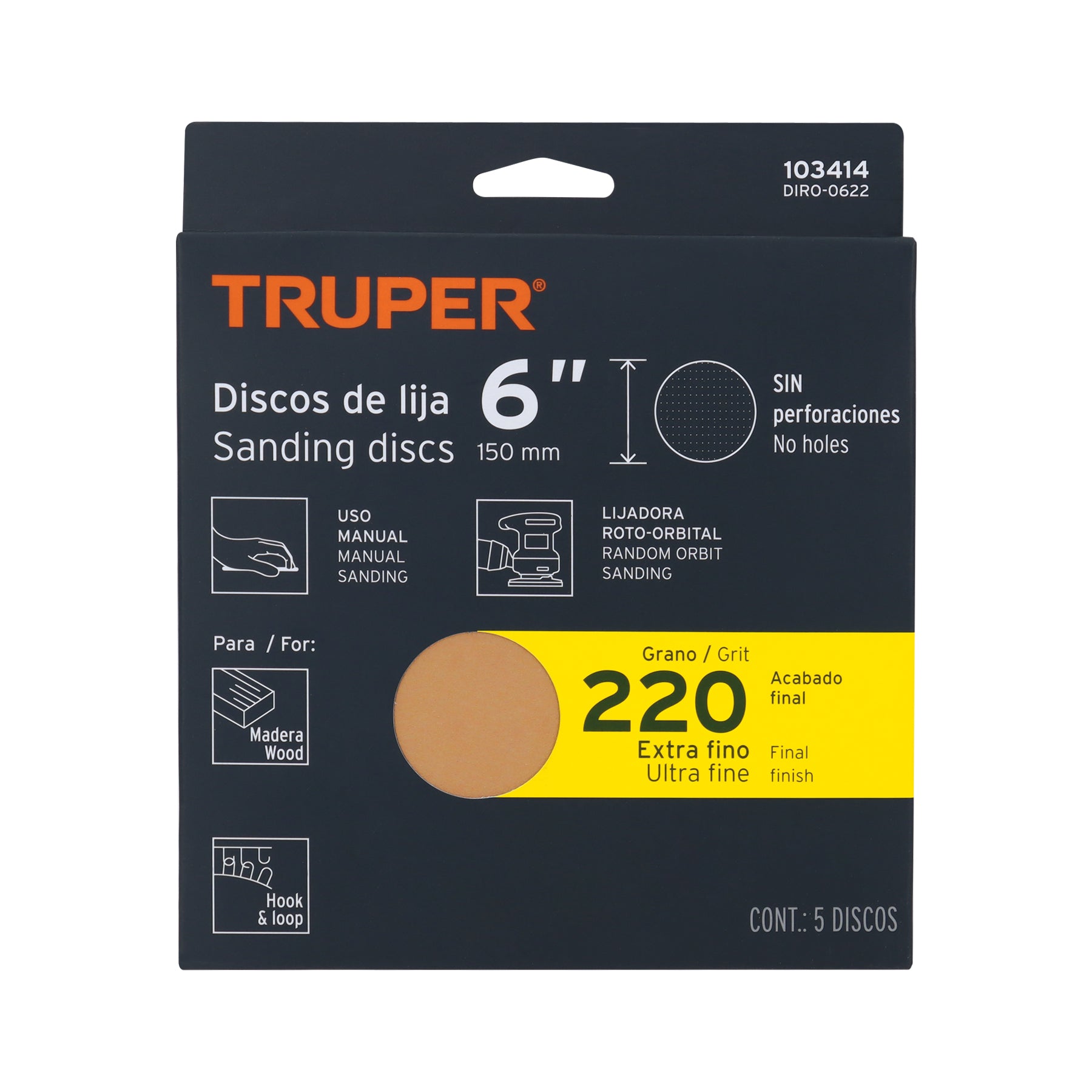 Paquete con 5 discos de lija 6" grano 220, ciegos, TRUPER