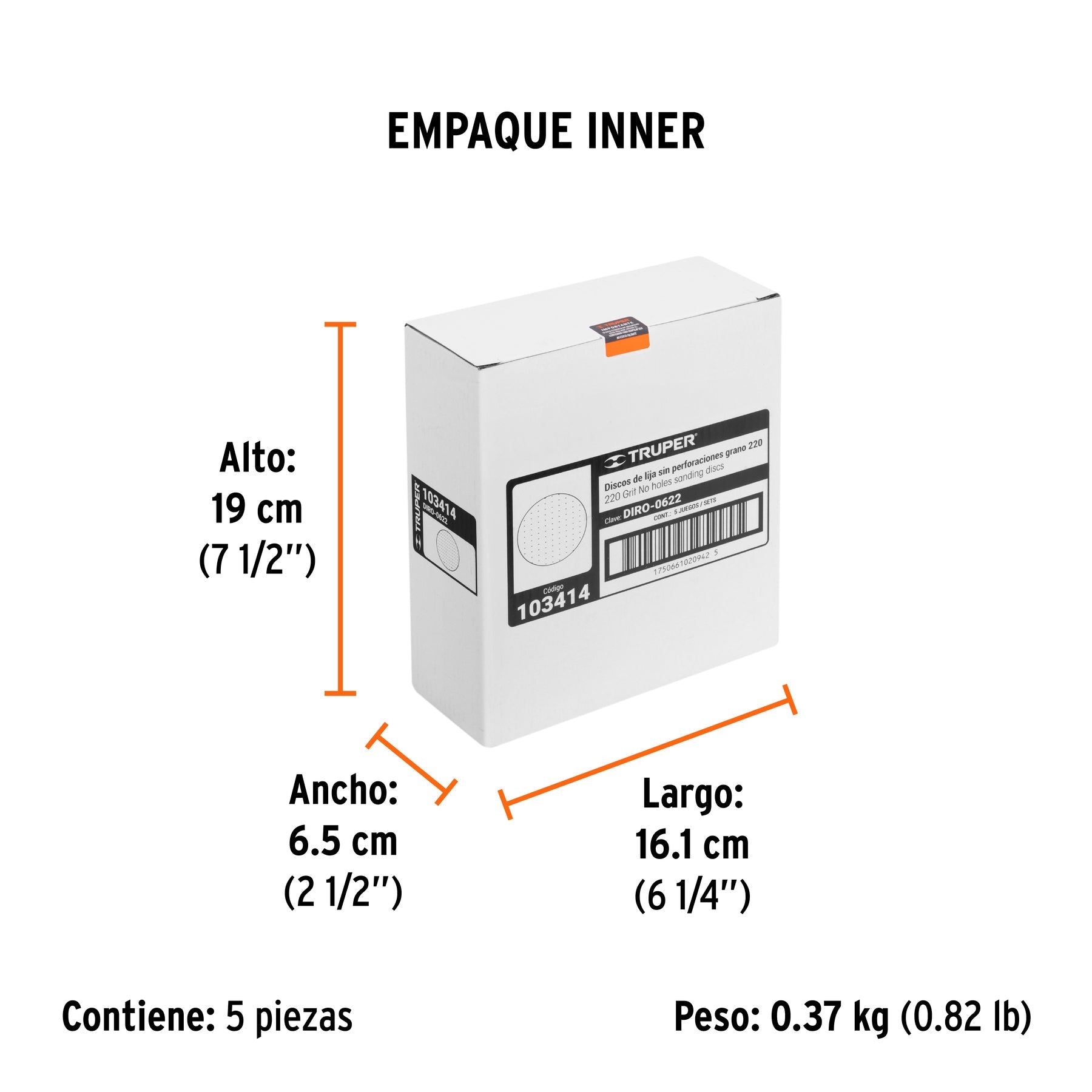 Paquete con 5 discos de lija 6" grano 220, ciegos, TRUPER - Empaque