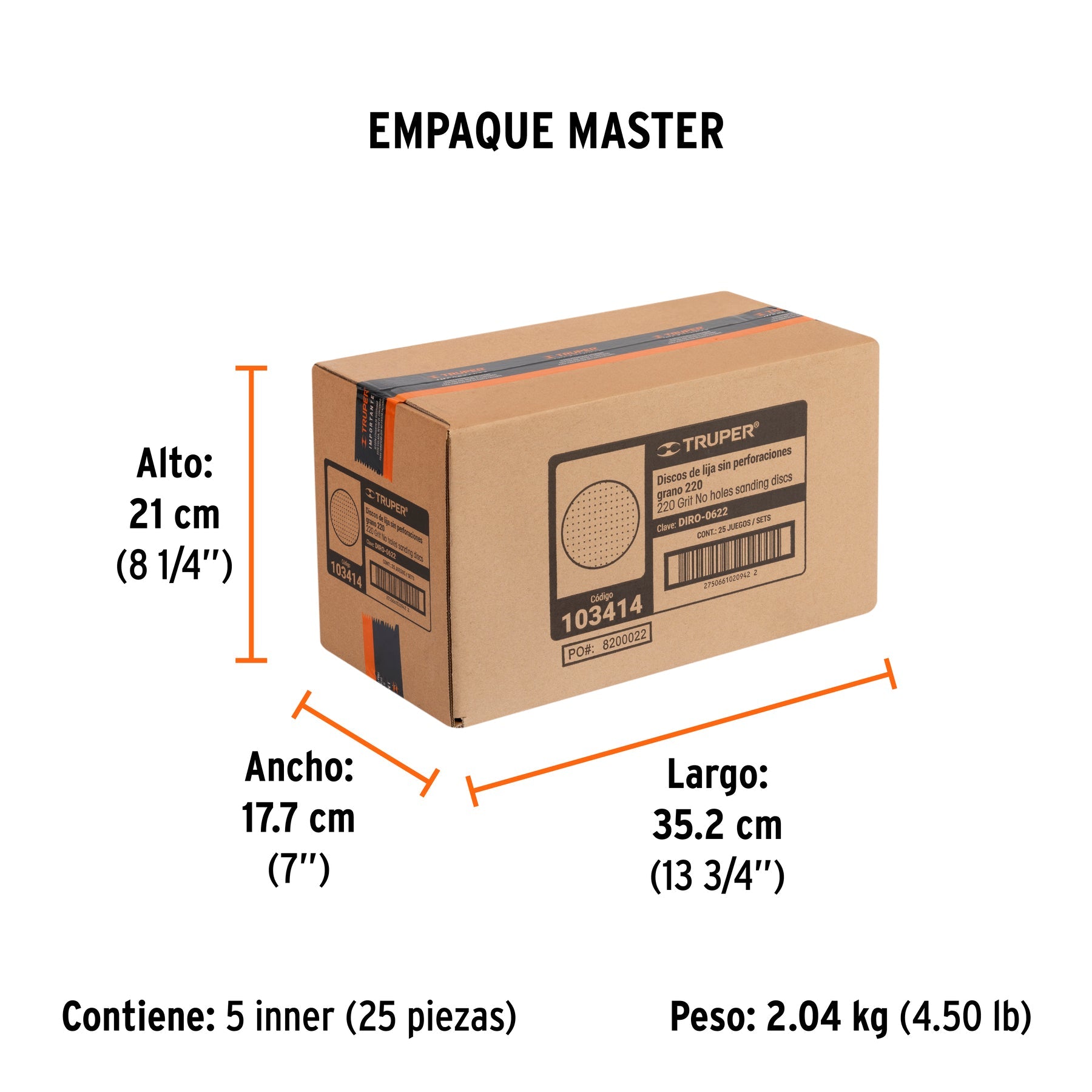 Paquete con 5 discos de lija 6" grano 220, ciegos, TRUPER - Empaque