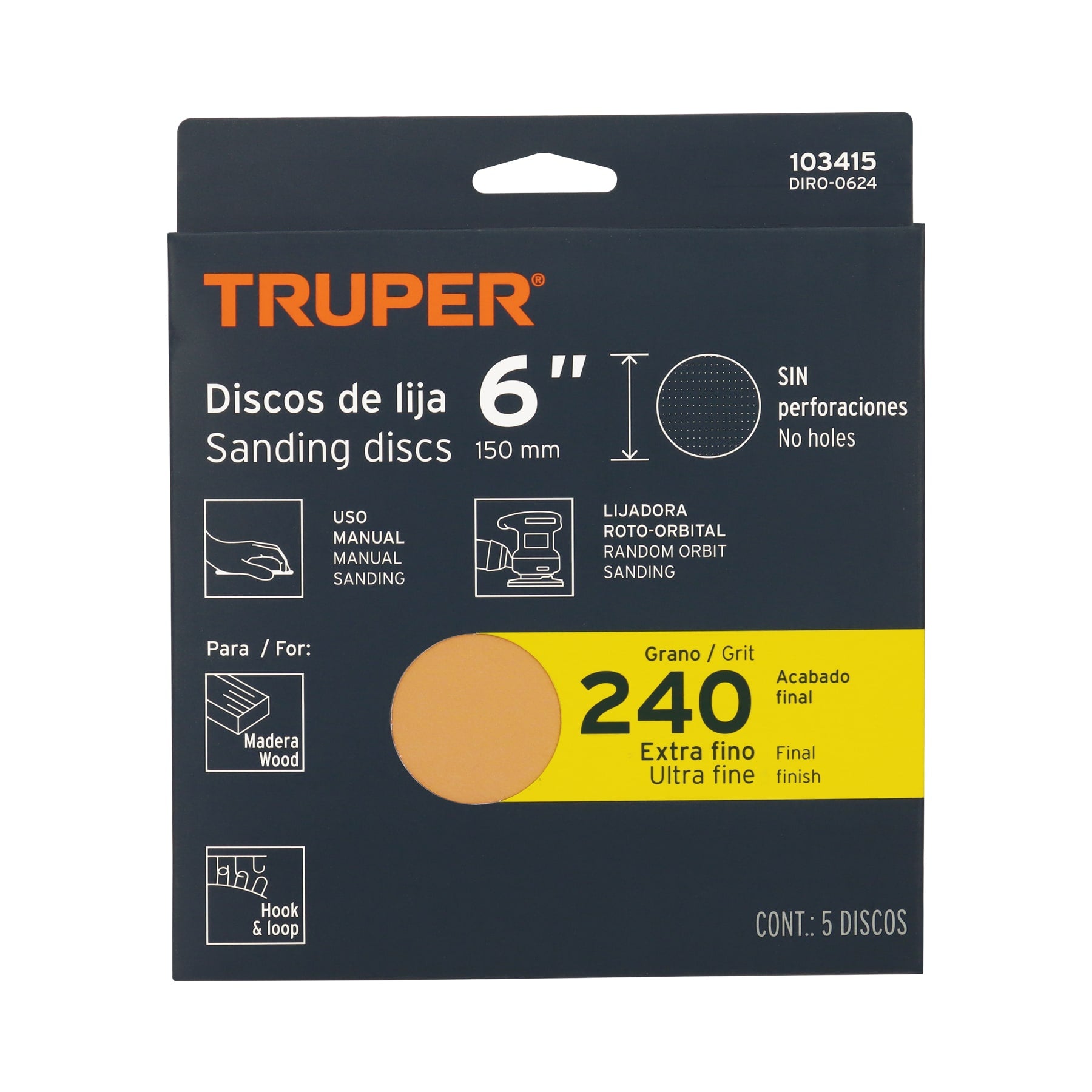 Paquete con 5 discos de lija 6" grano 240, ciegos, TRUPER