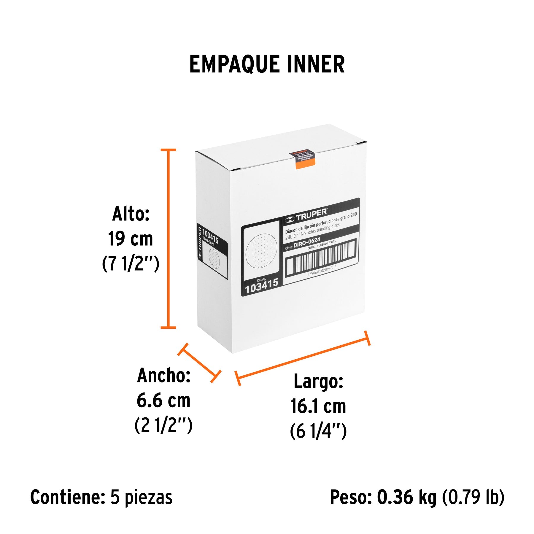 Paquete con 5 discos de lija 6" grano 240, ciegos, TRUPER - Empaque