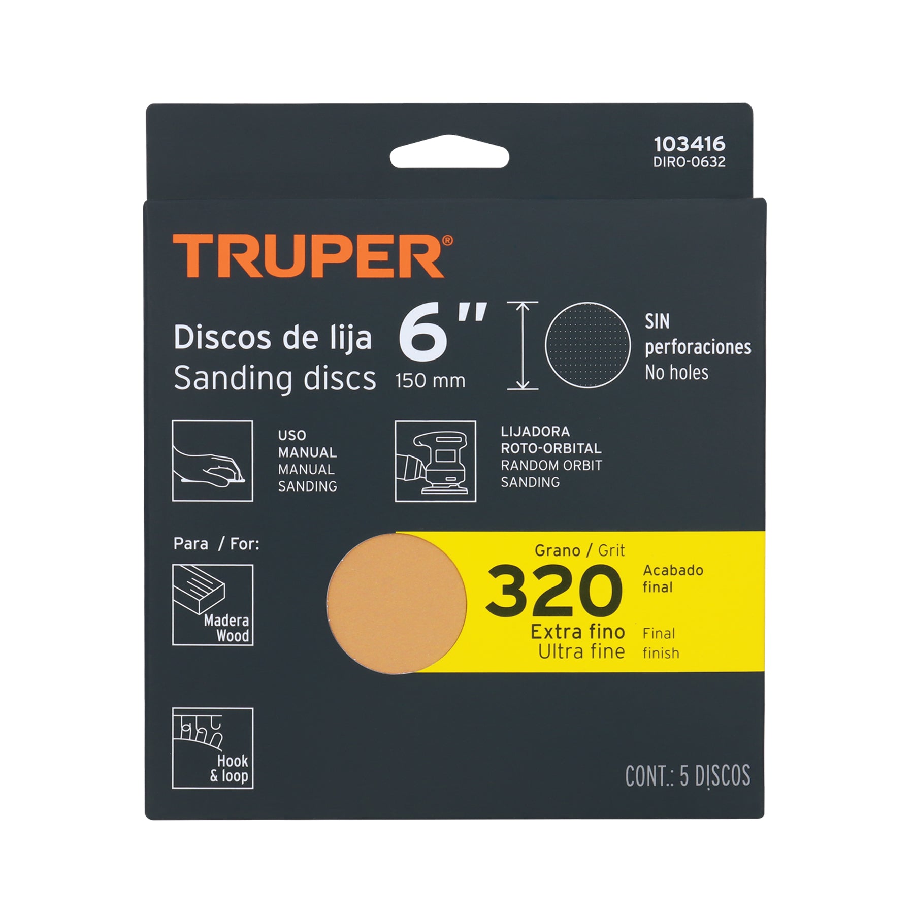 Paquete con 5 discos de lija 6" grano 320, ciegos, TRUPER