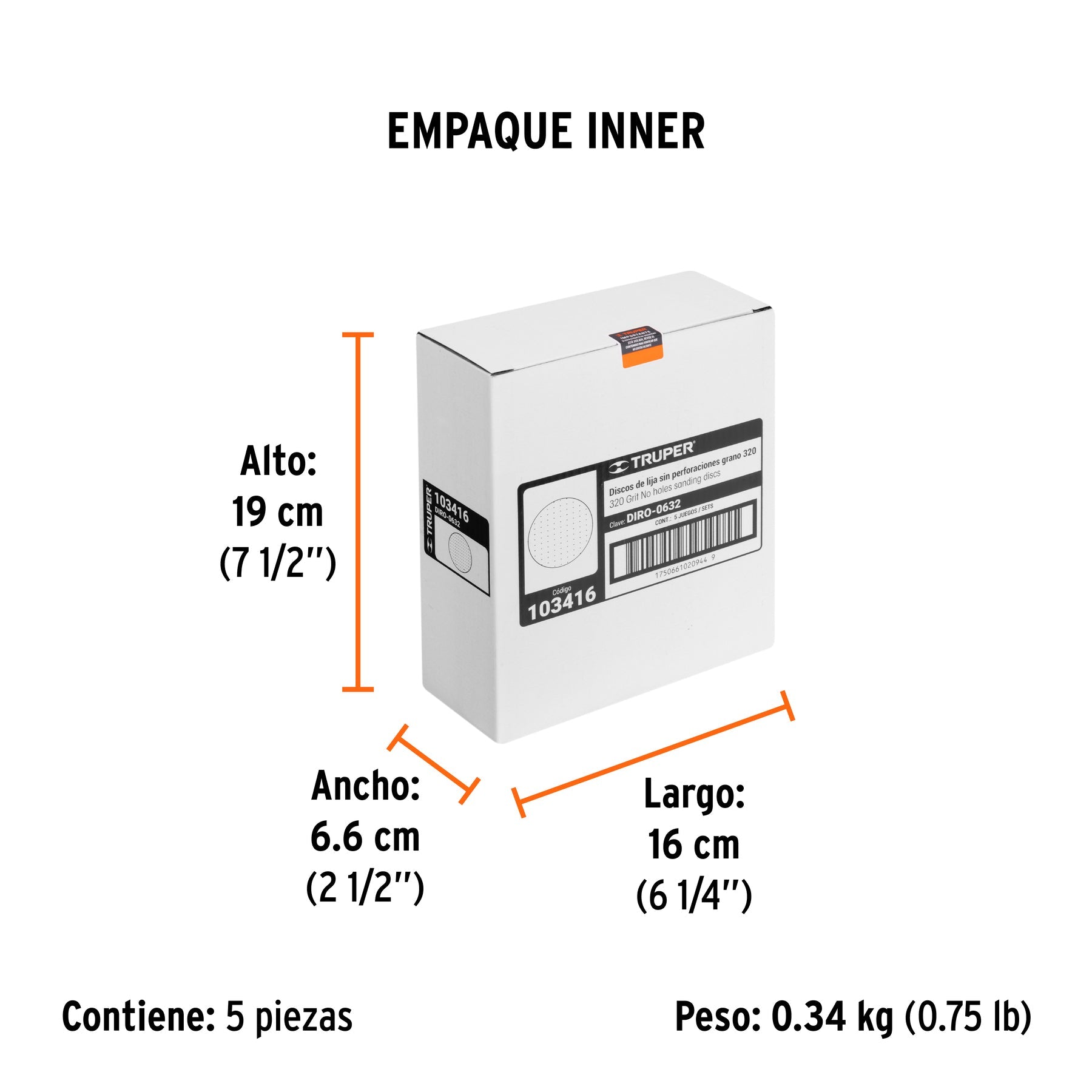Paquete con 5 discos de lija 6" grano 320, ciegos, TRUPER - Empaque