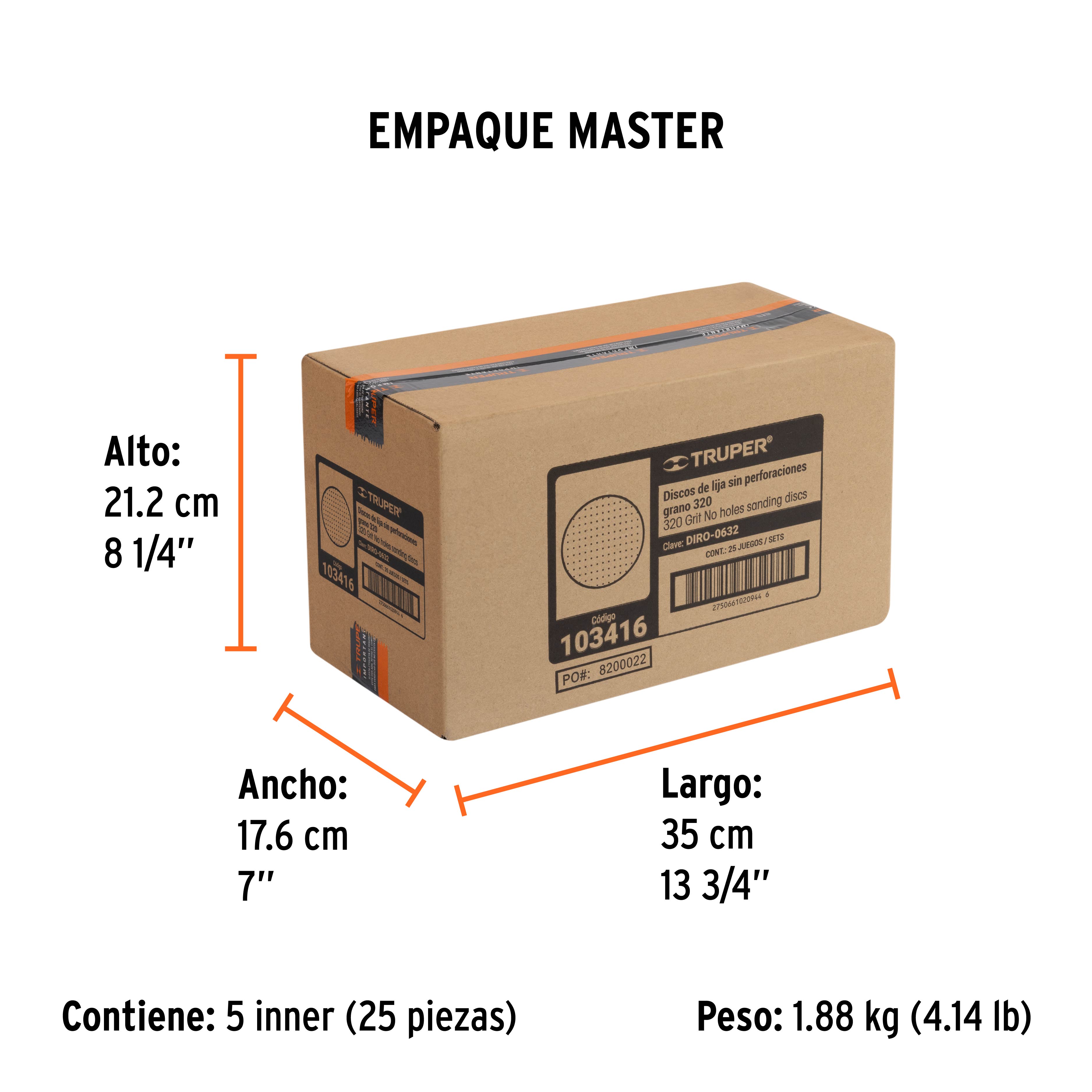 Paquete con 5 discos de lija 6" grano 320, ciegos, TRUPER - Empaque
