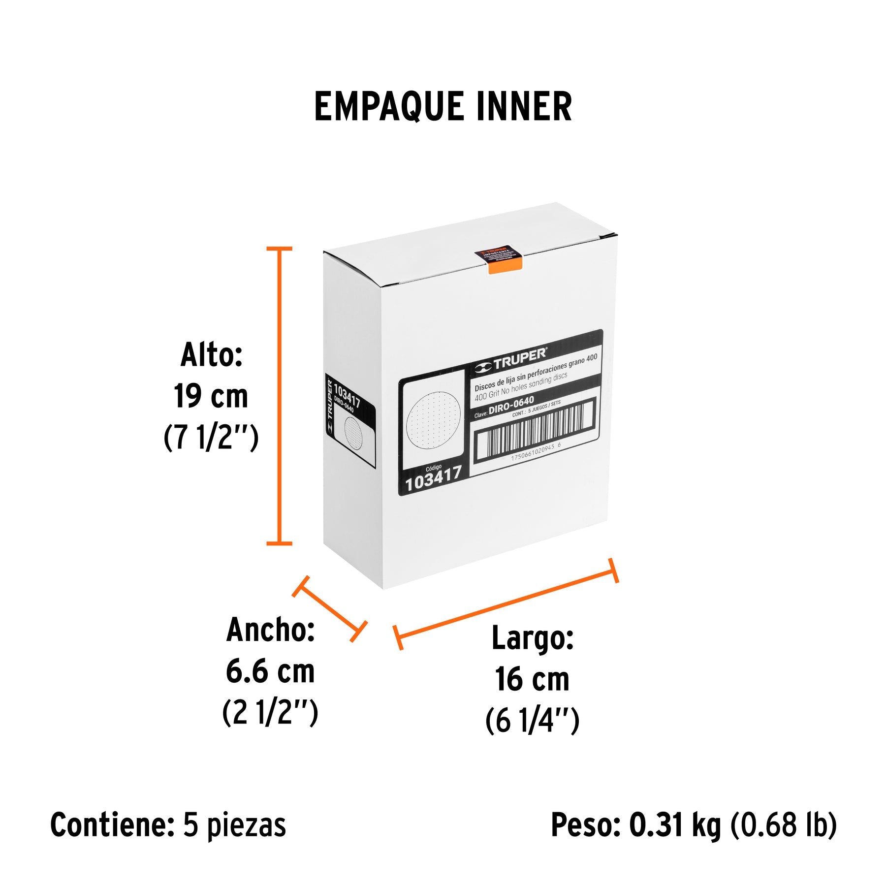 Paquete con 5 discos de lija 6" grano 400, ciegos, TRUPER - Empaque