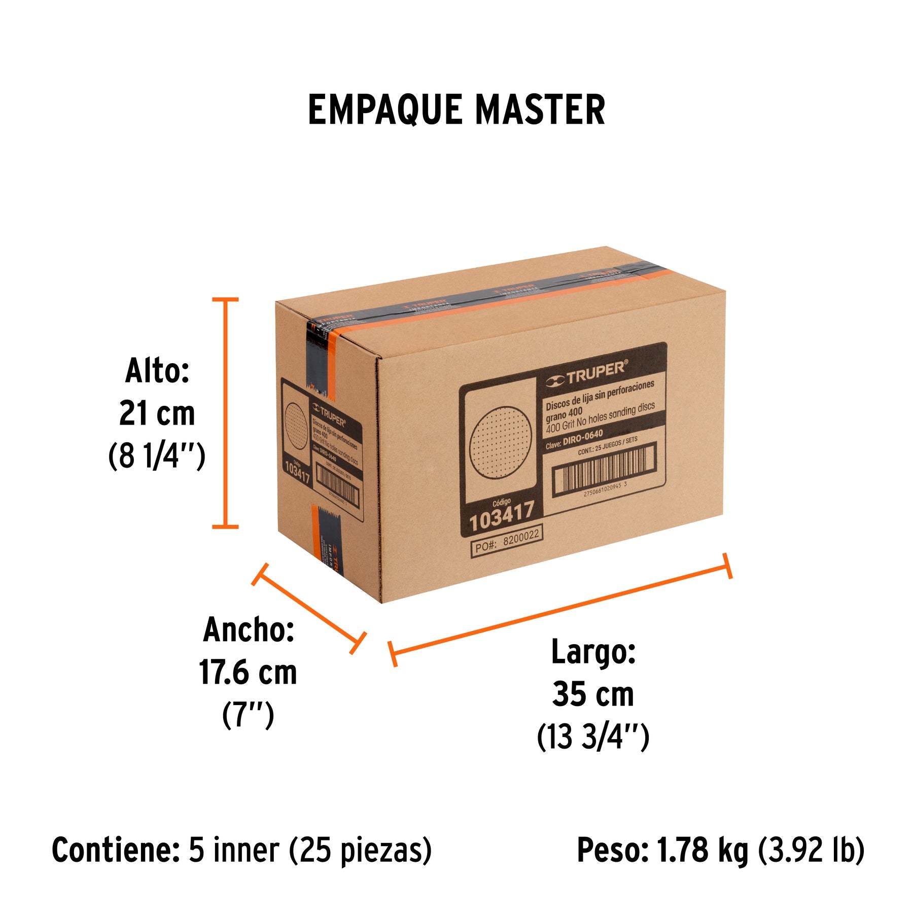 Paquete con 5 discos de lija 6" grano 400, ciegos, TRUPER - Empaque