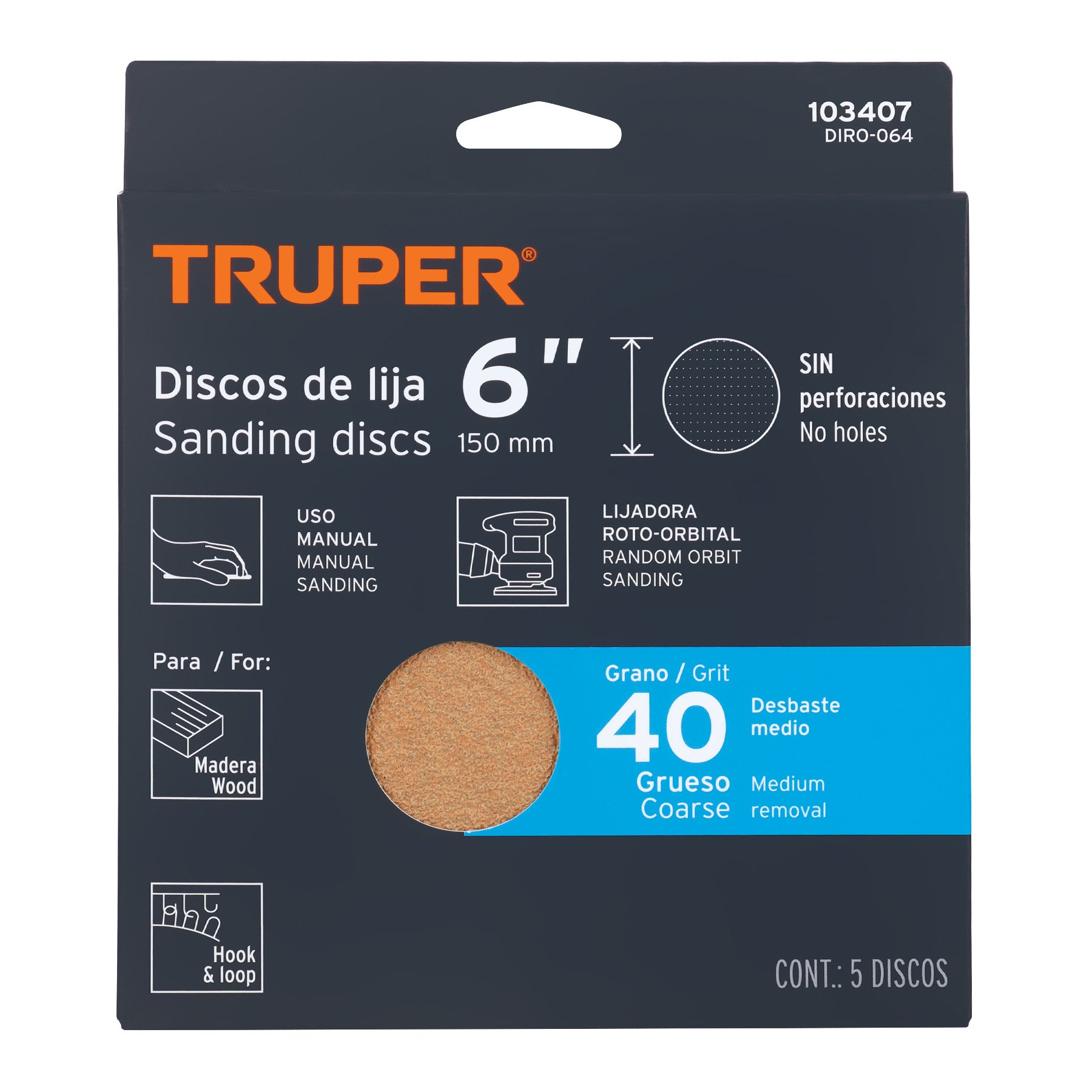 Paquete con 5 discos de lija 6" grano 40, ciegos, TRUPER