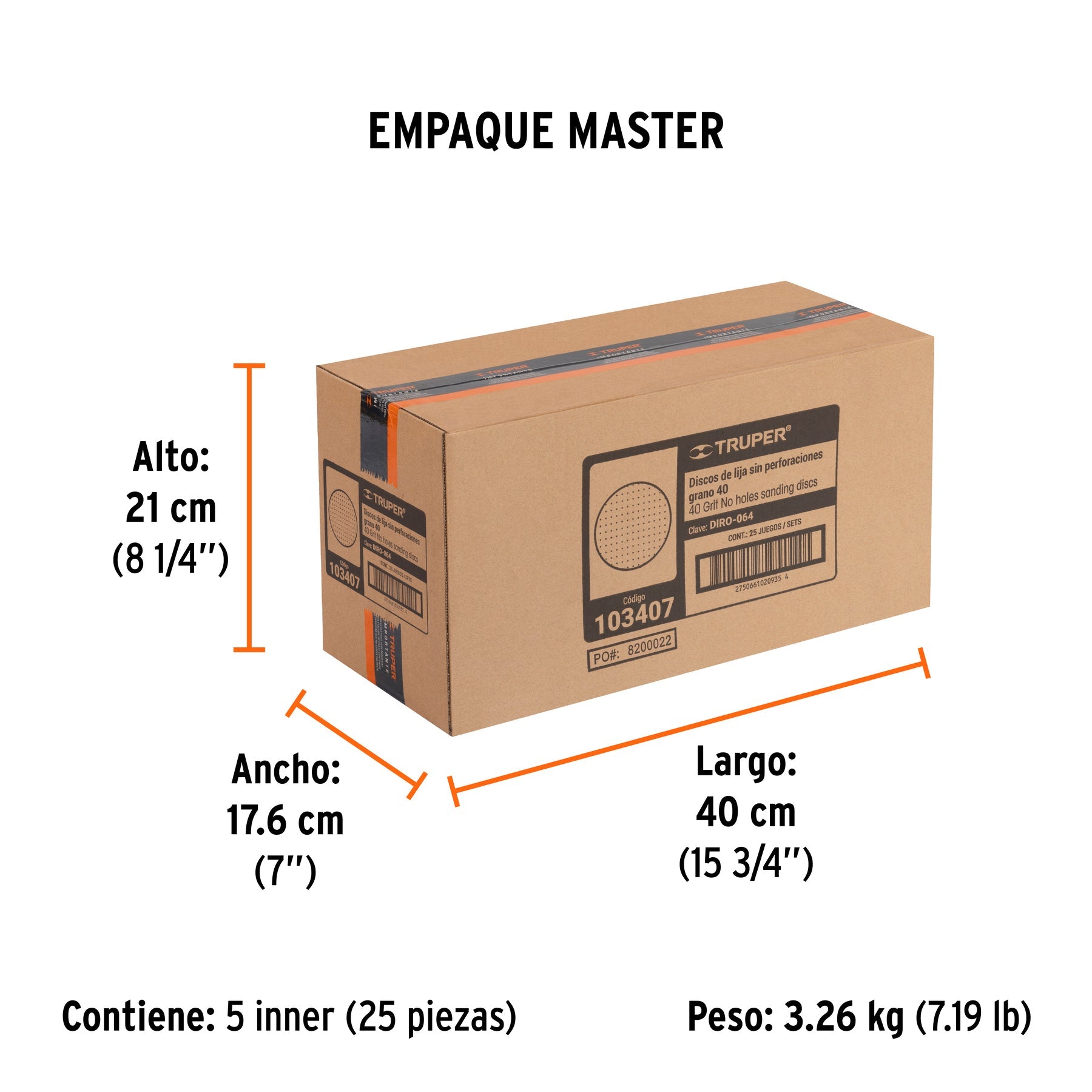 Paquete con 5 discos de lija 6" grano 40, ciegos, TRUPER - Empaque