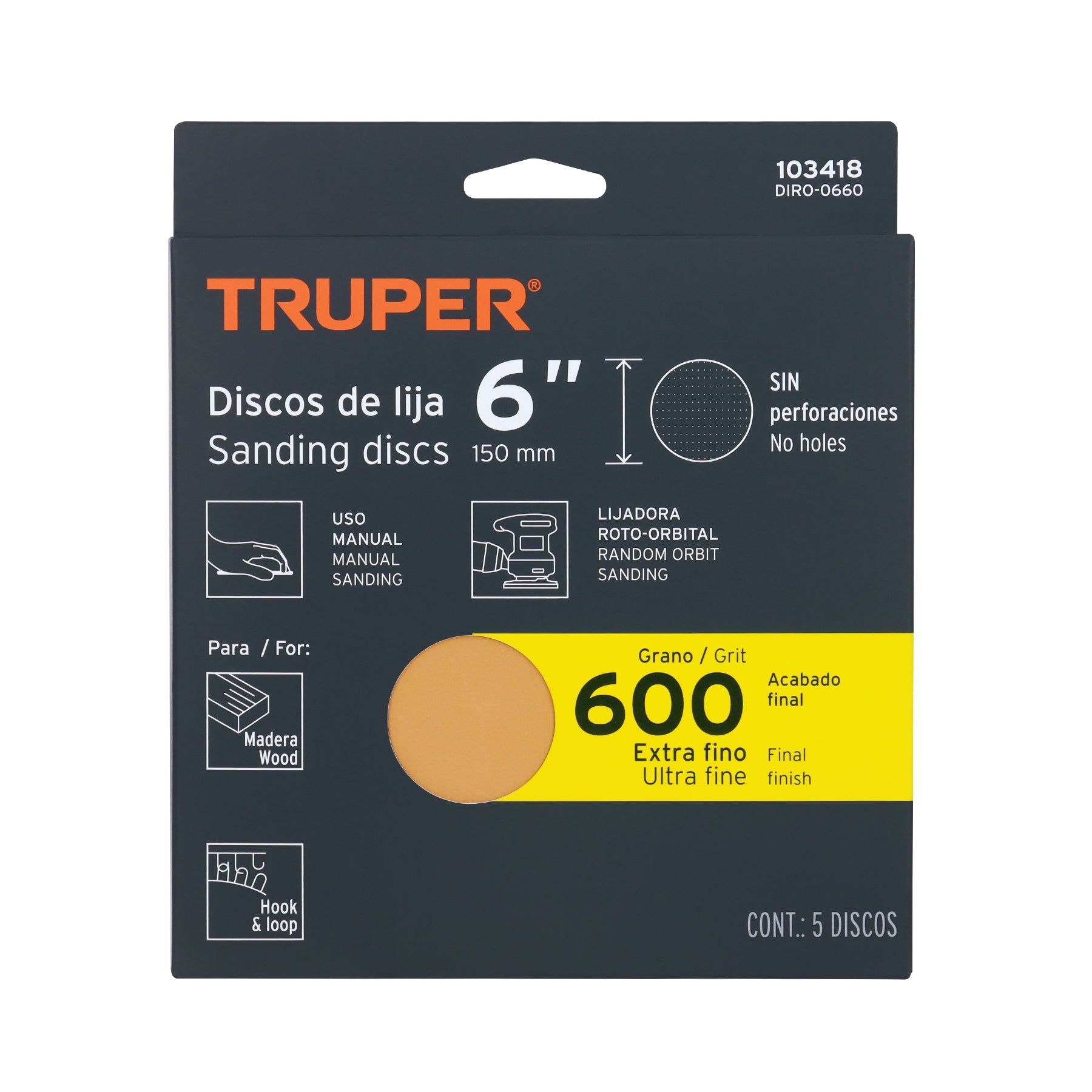 Paquete con 5 discos de lija 6" grano 600, ciegos, TRUPER