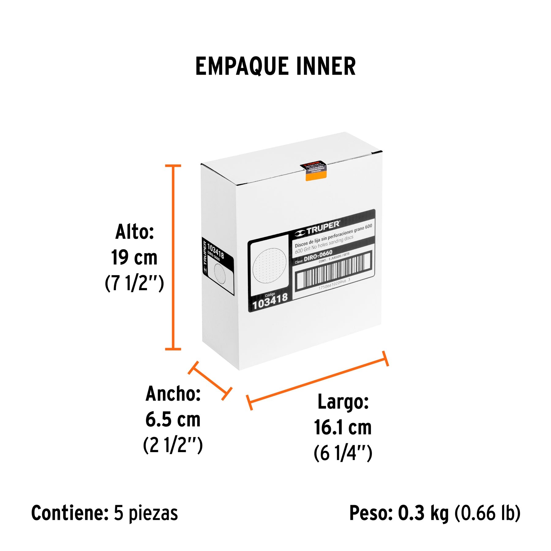 Paquete con 5 discos de lija 6" grano 600, ciegos, TRUPER - Empaque