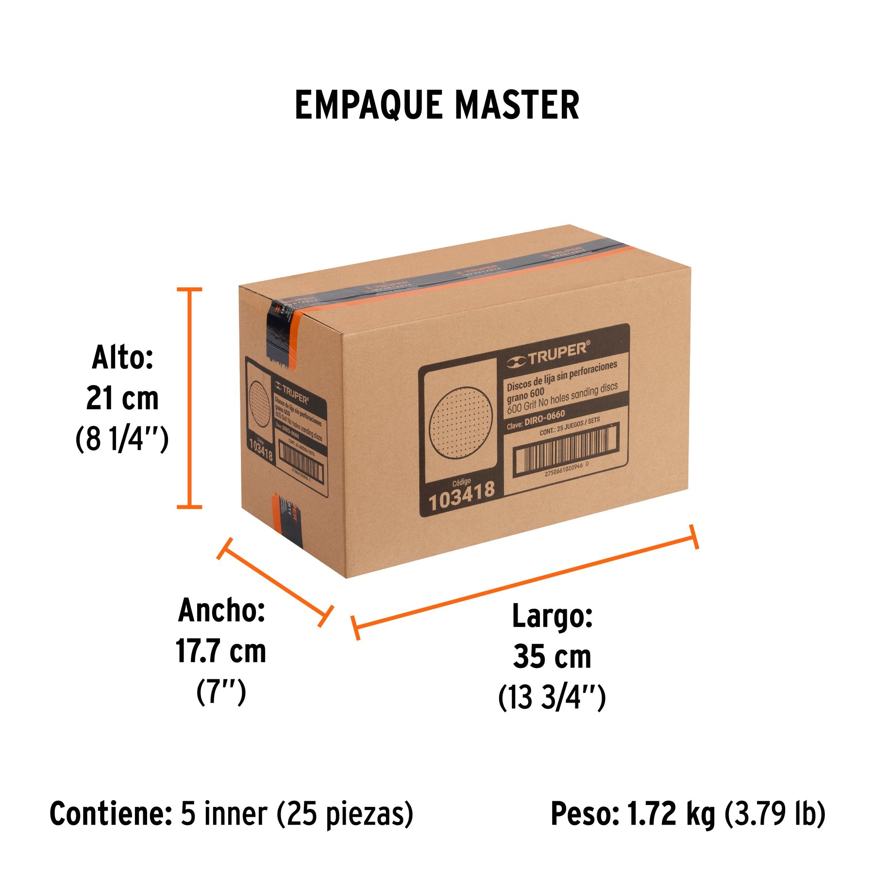 Paquete con 5 discos de lija 6" grano 600, ciegos, TRUPER - Empaque