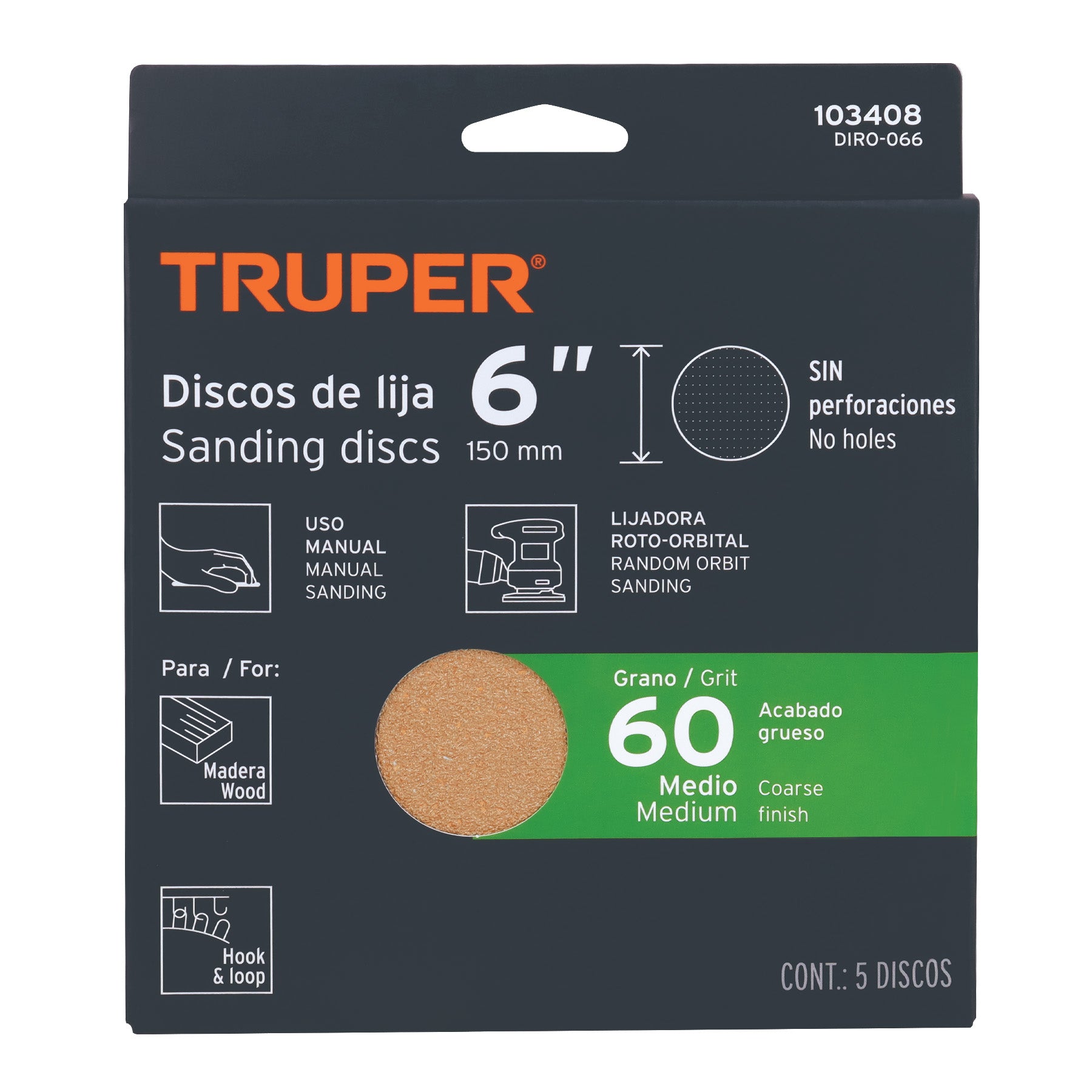 Paquete con 5 discos de lija 6" grano 60, ciegos, TRUPER