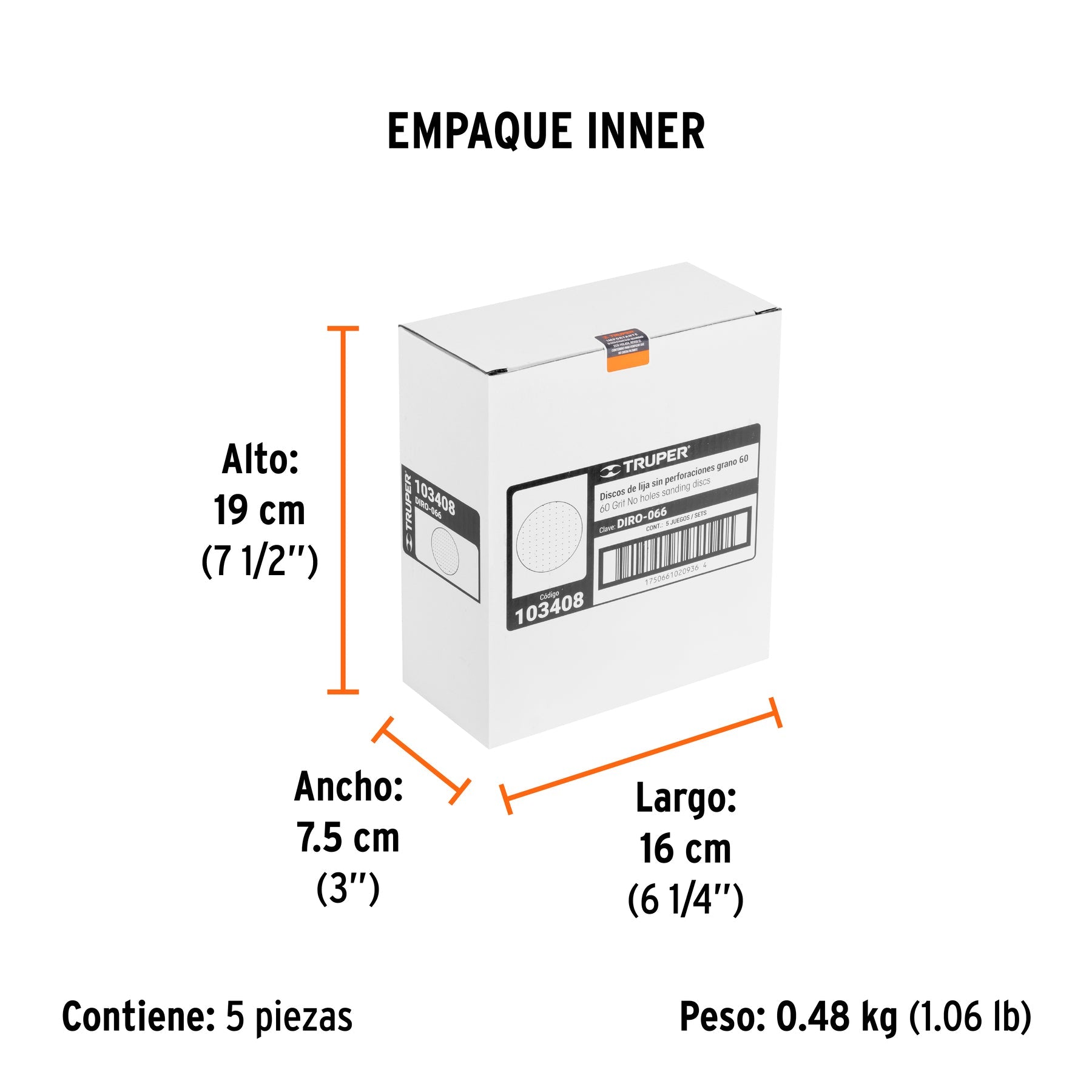 Paquete con 5 discos de lija 6" grano 60, ciegos, TRUPER - Empaque