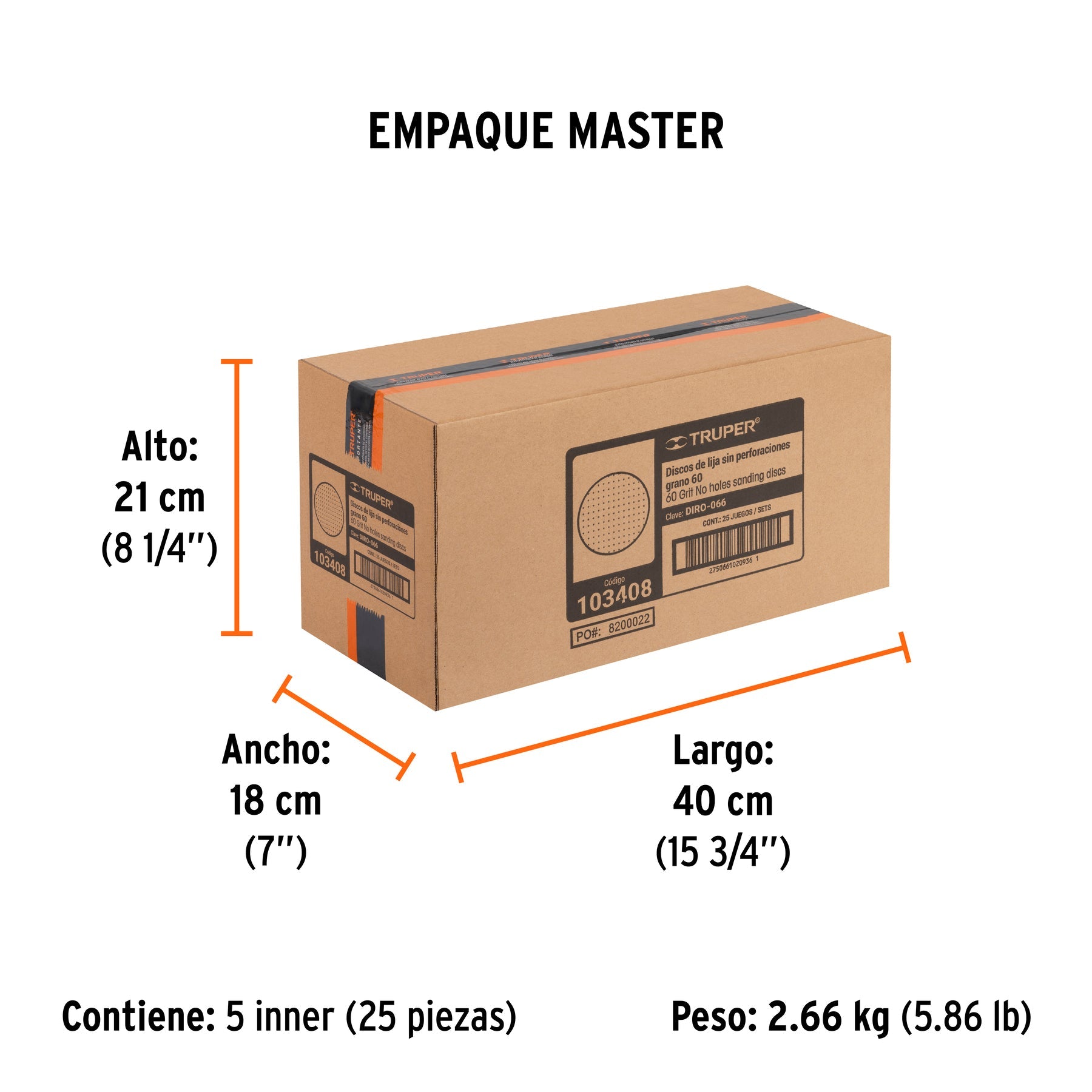 Paquete con 5 discos de lija 6" grano 60, ciegos, TRUPER - Empaque