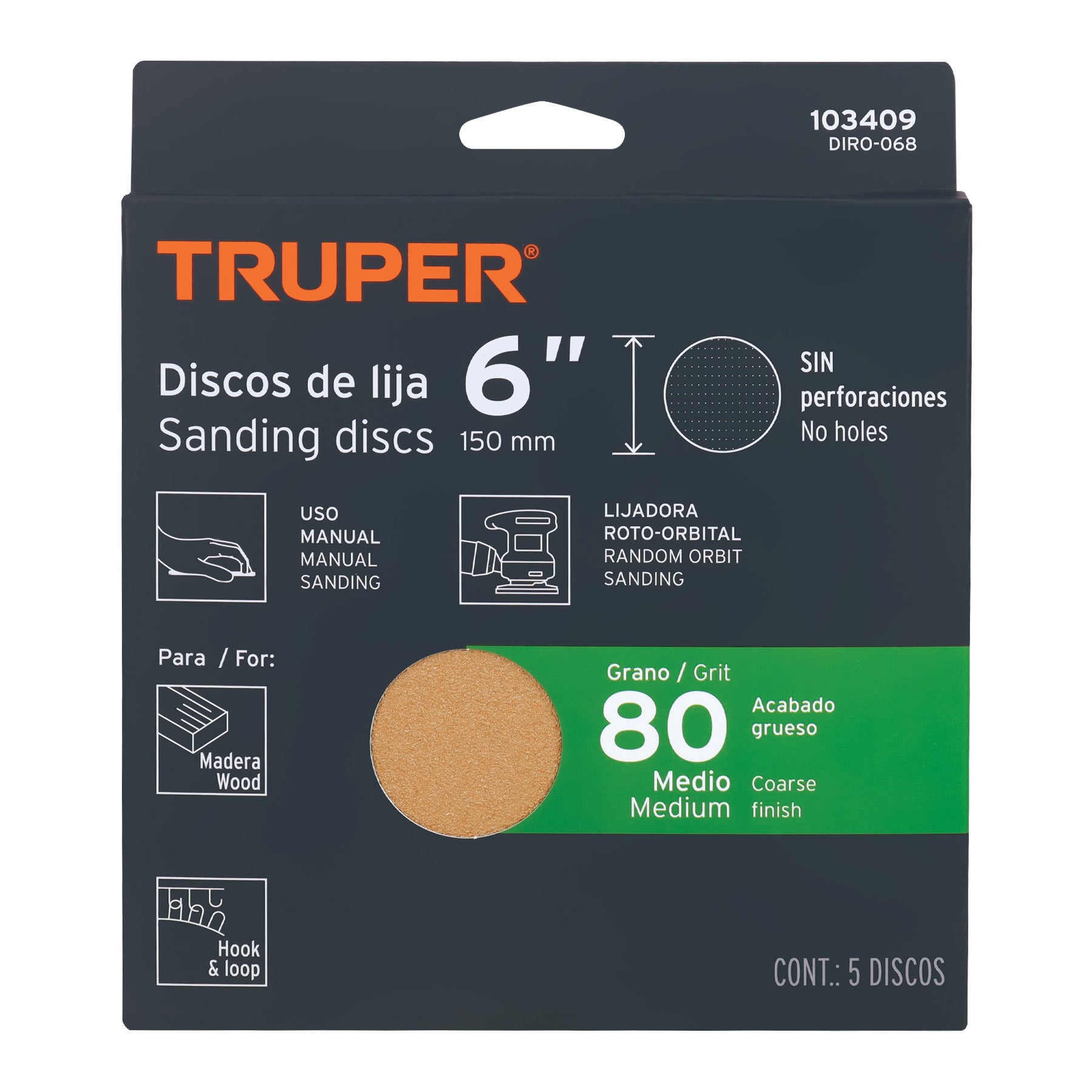 Paquete con 5 discos de lija 6" grano 80, ciegos, TRUPER