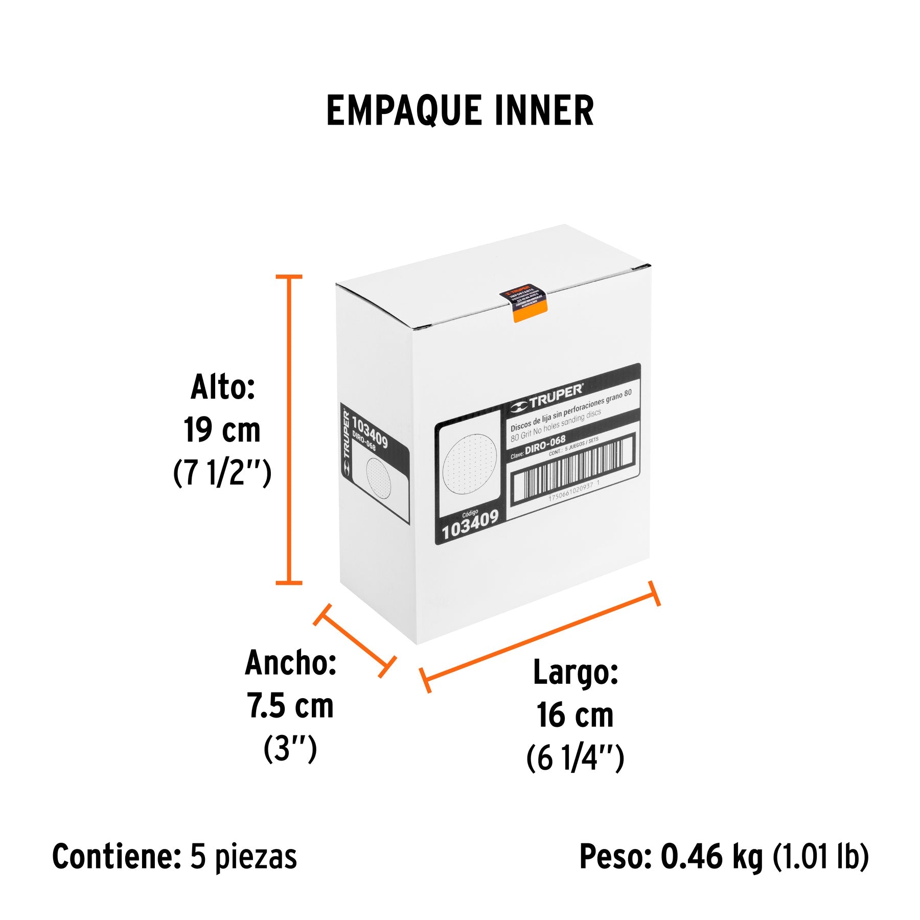 Paquete con 5 discos de lija 6" grano 80, ciegos, TRUPER - Empaque