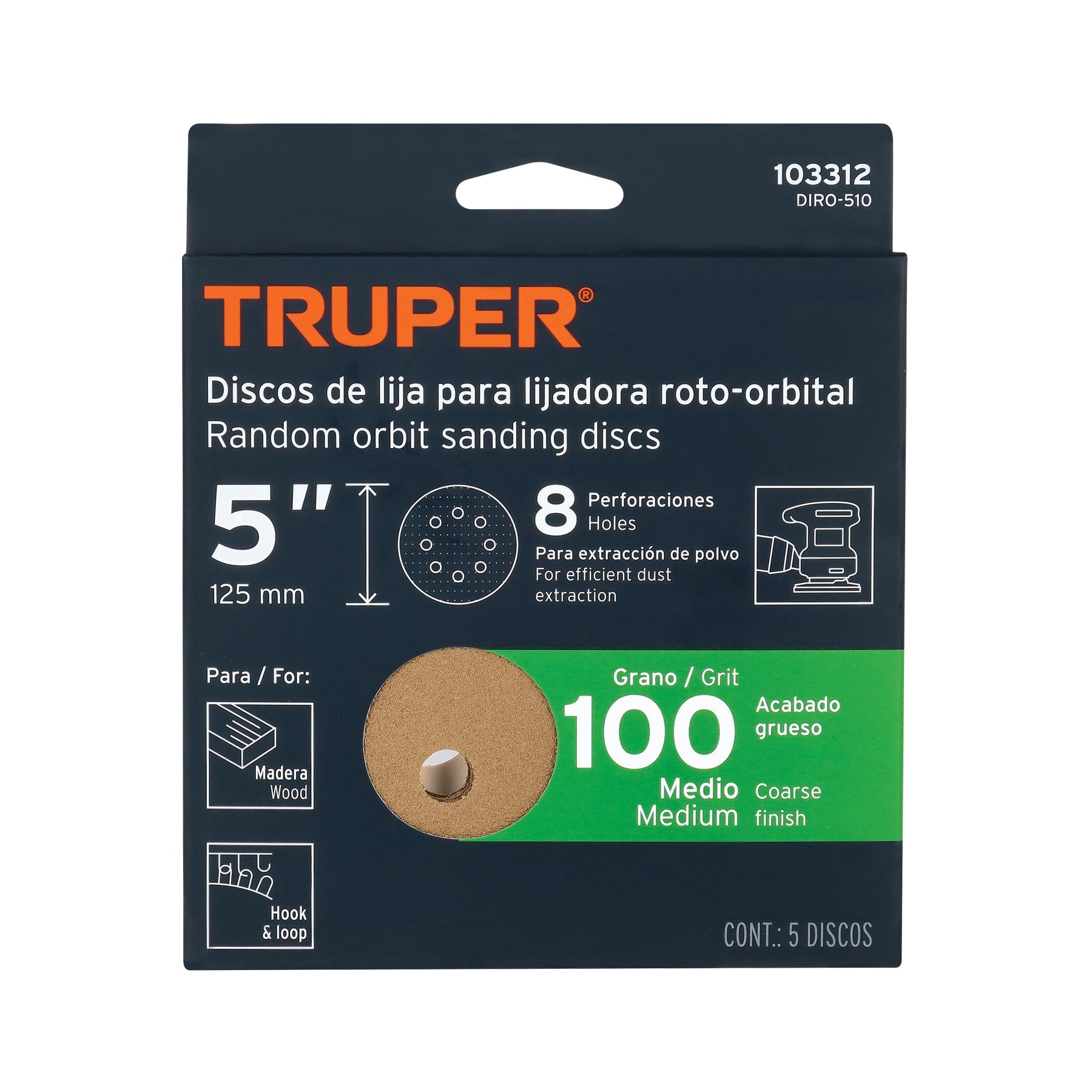 Paquete con 5 discos de lija 5" grano 100, 8 perforaciones