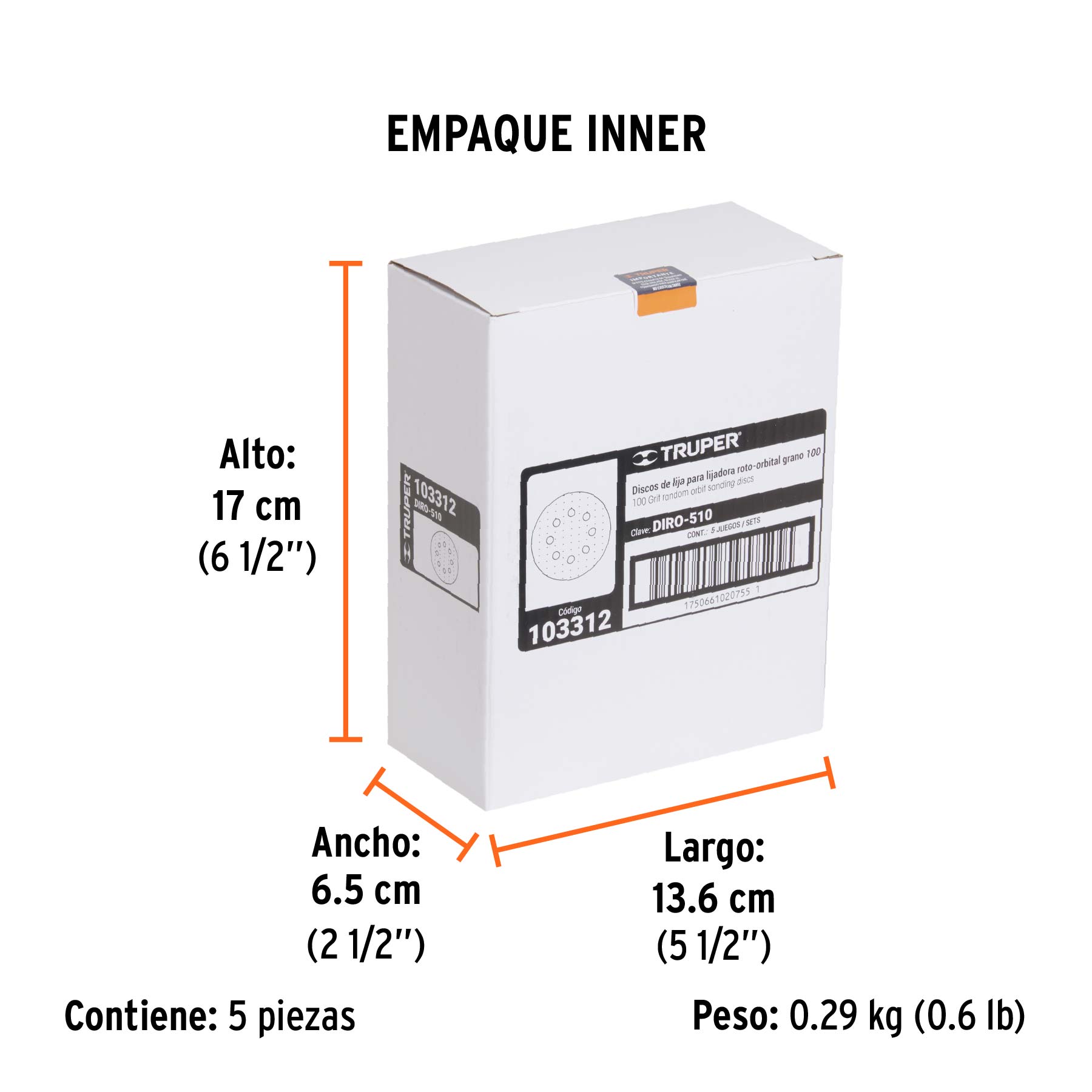 Paquete con 5 discos de lija 5" grano 100, 8 perforaciones - Empaque