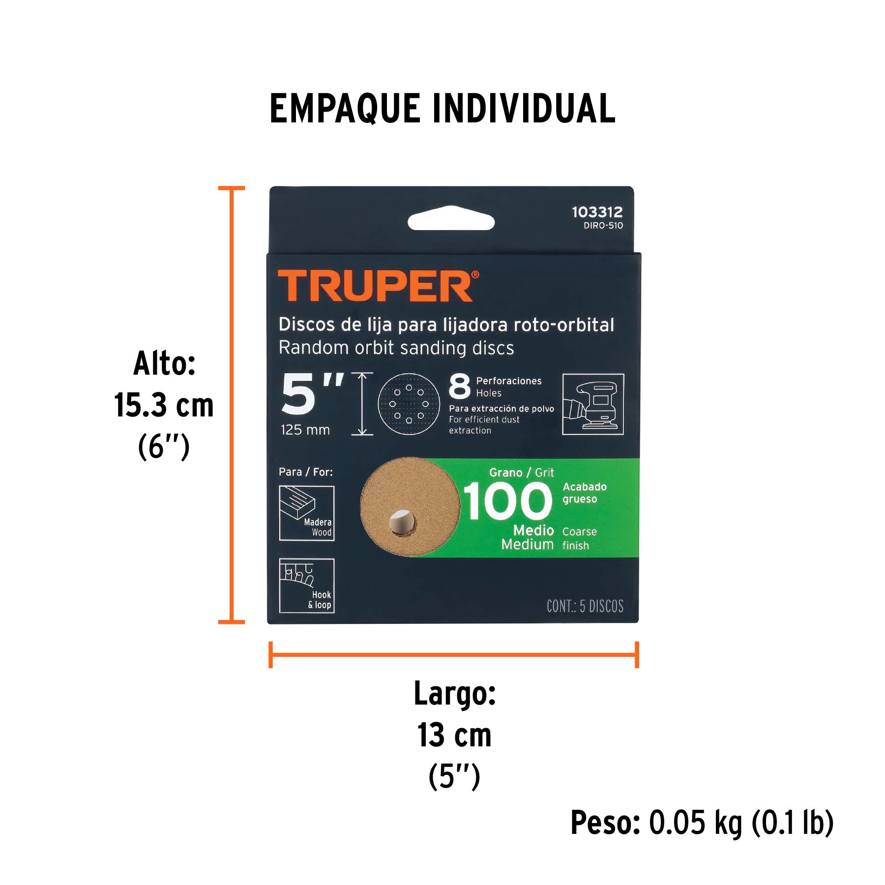 Paquete con 5 discos de lija 5" grano 100, 8 perforaciones - Empaque