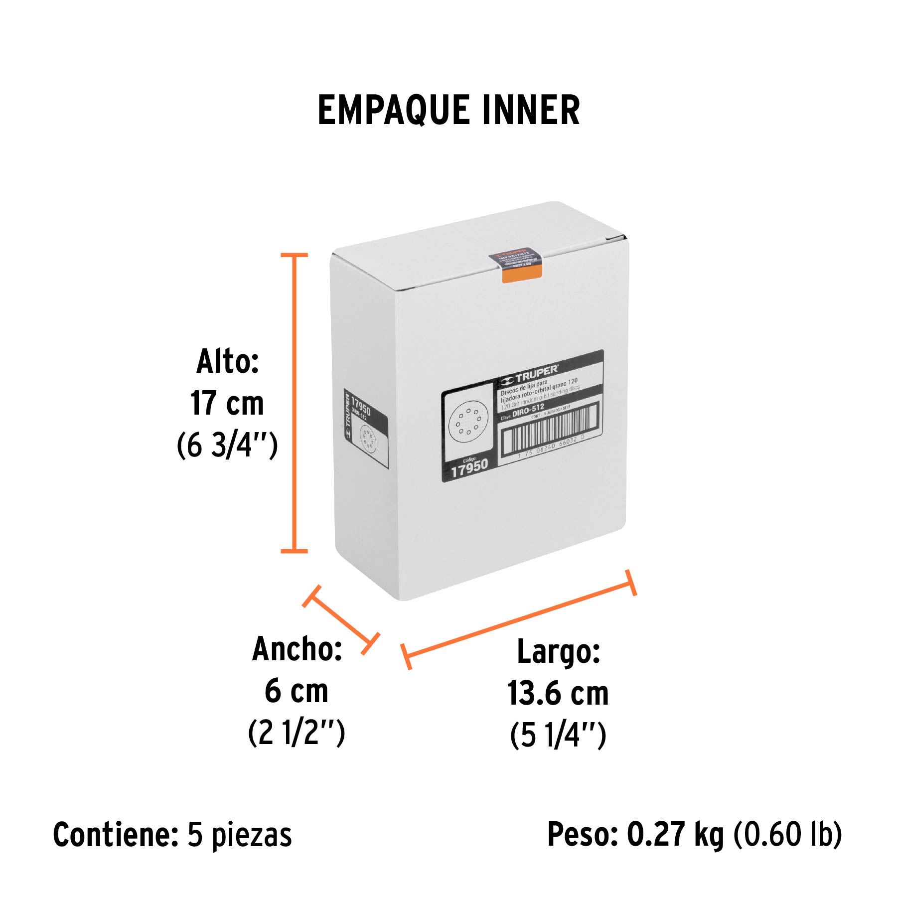 Paquete con 5 discos de lija 5" grano 120, 8 perforaciones - Empaque