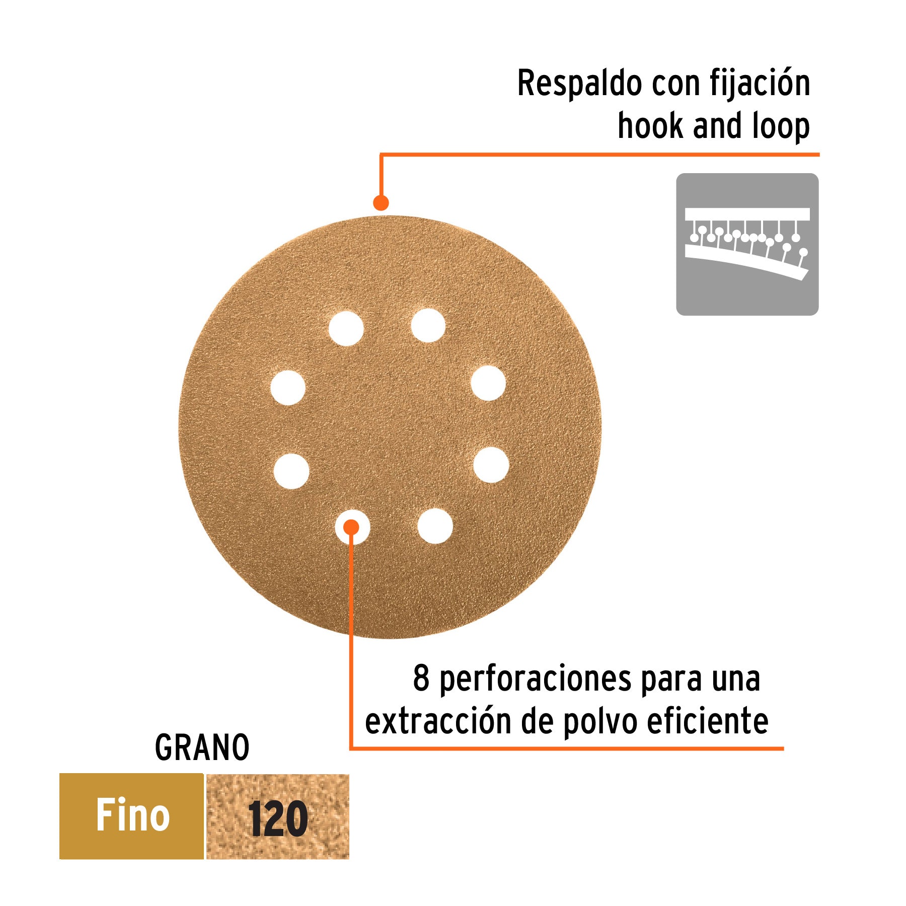 Paquete con 5 discos de lija 5" grano 120, 8 perforaciones
