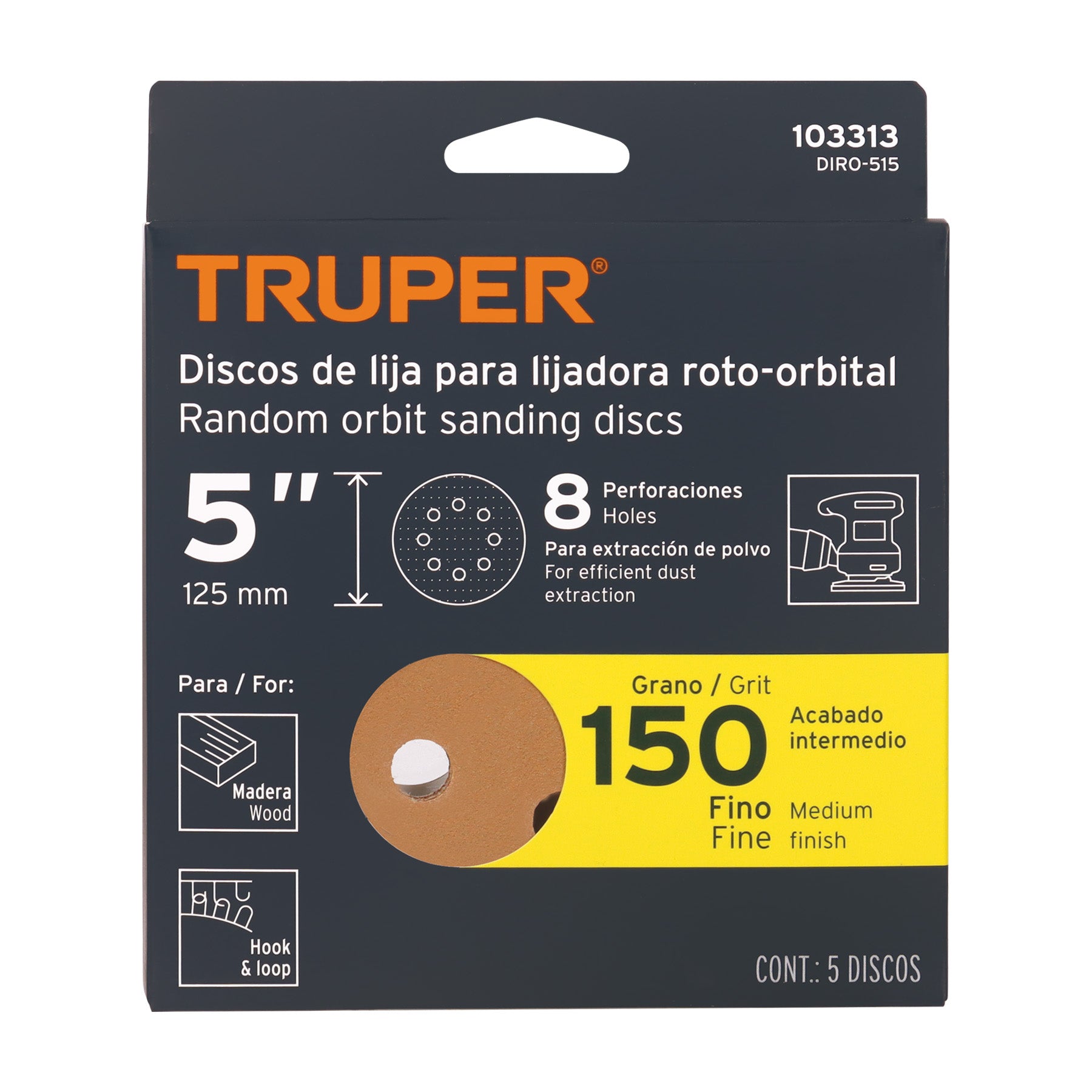 Paquete con 5 discos de lija 5" grano 150, 8 perforaciones