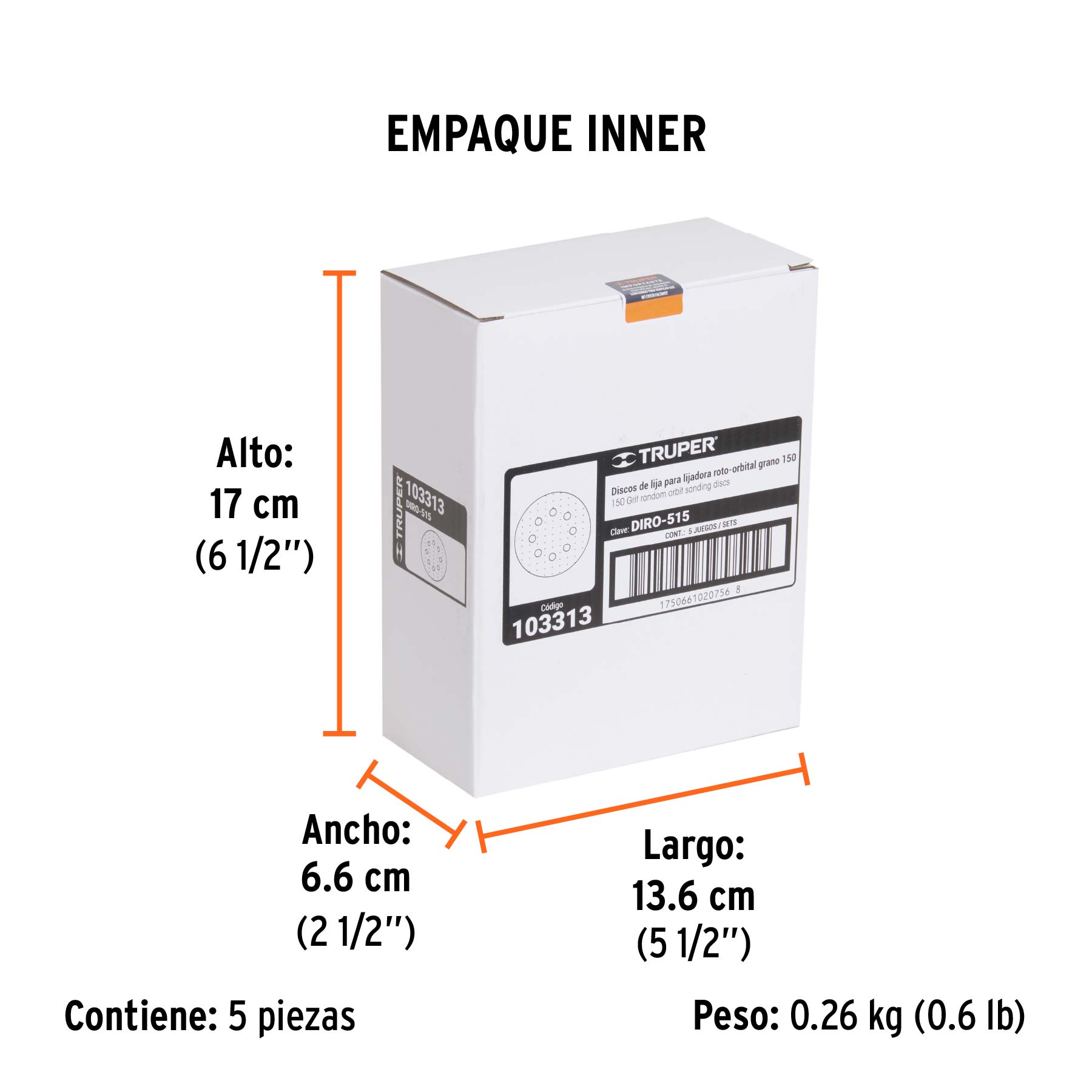 Paquete con 5 discos de lija 5" grano 150, 8 perforaciones - Empaque