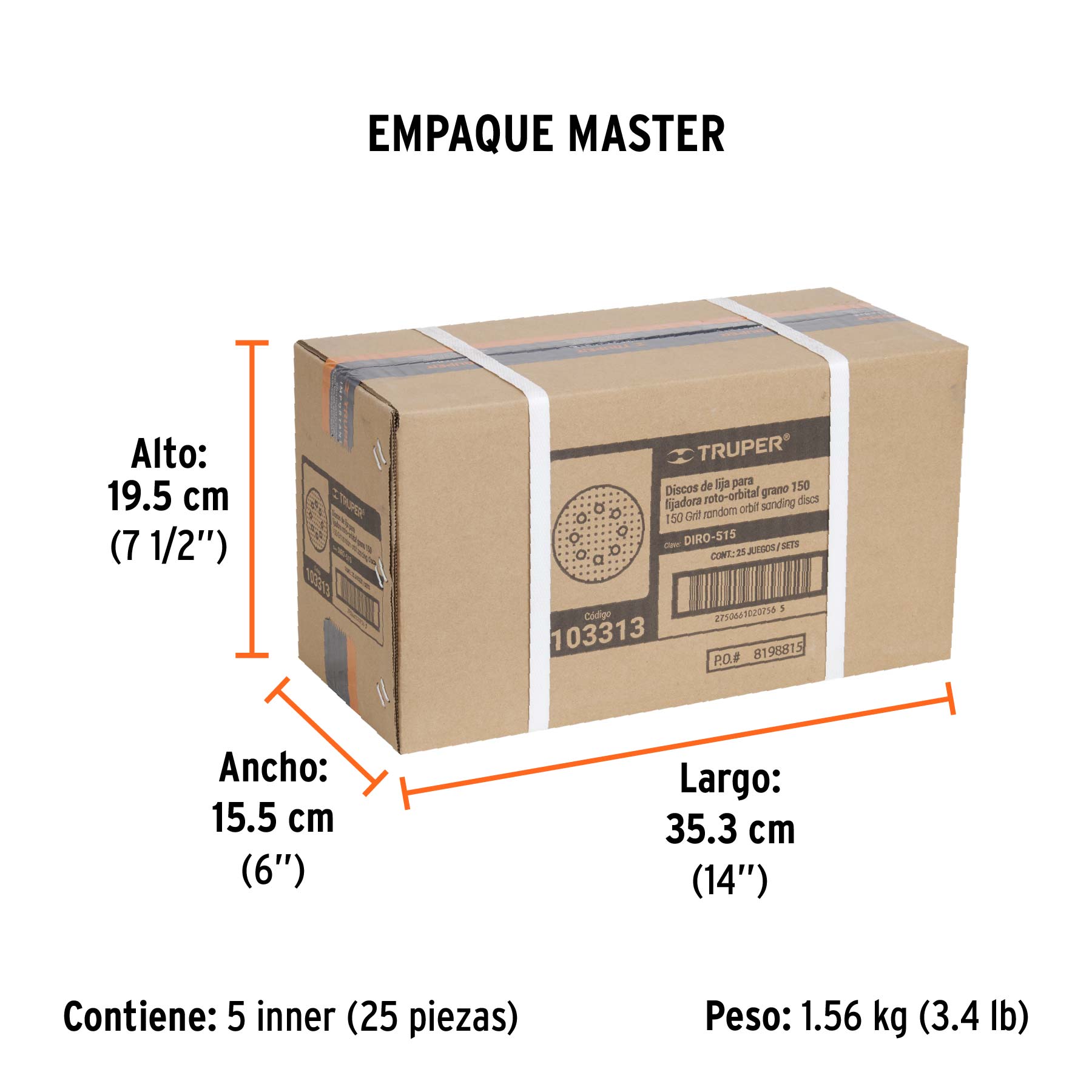 Paquete con 5 discos de lija 5" grano 150, 8 perforaciones - Empaque