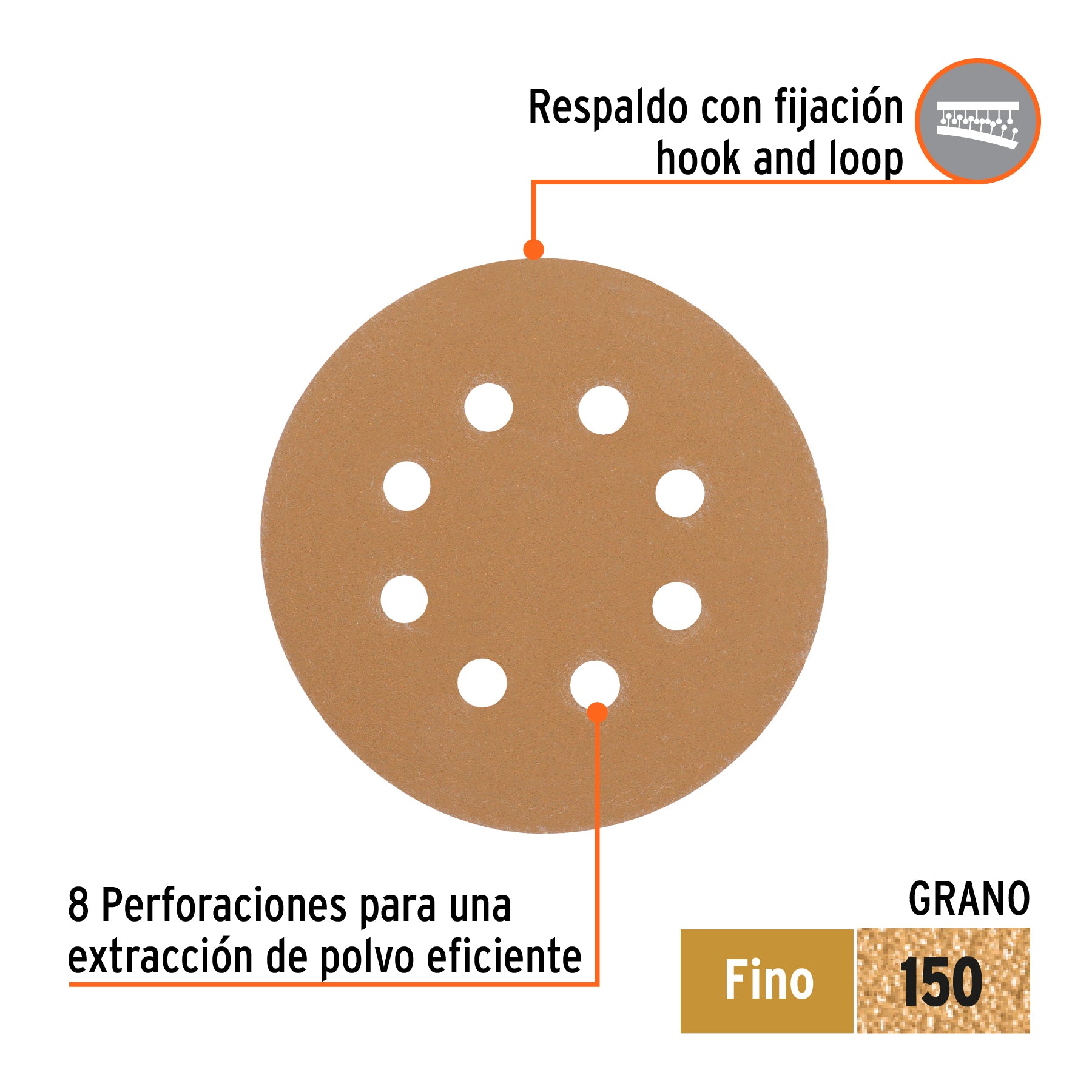 Paquete con 5 discos de lija 5" grano 150, 8 perforaciones