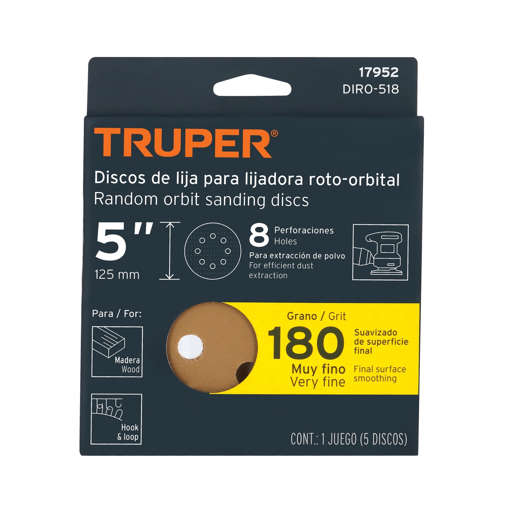 Paquete con 5 discos de lija 5" grano 180, 8 perforaciones