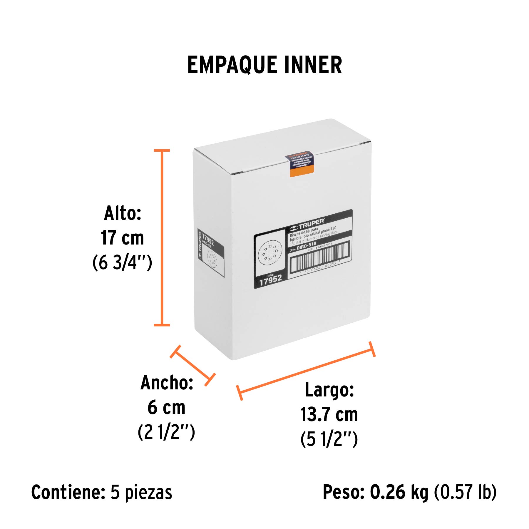 Paquete con 5 discos de lija 5" grano 180, 8 perforaciones - Empaque