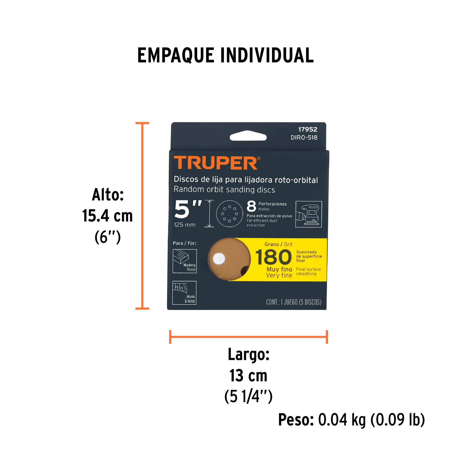 Paquete con 5 discos de lija 5" grano 180, 8 perforaciones - Empaque