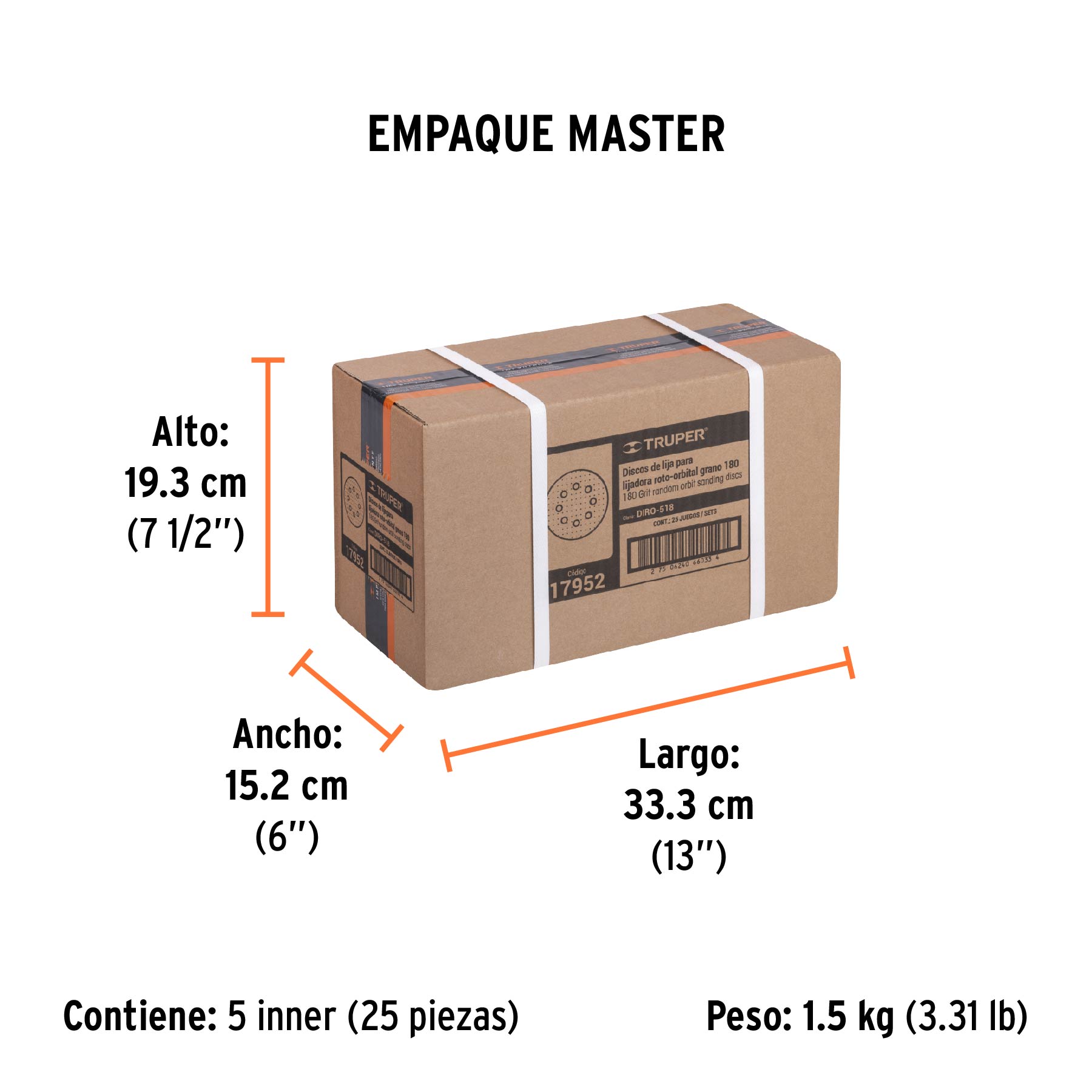 Paquete con 5 discos de lija 5" grano 180, 8 perforaciones - Empaque