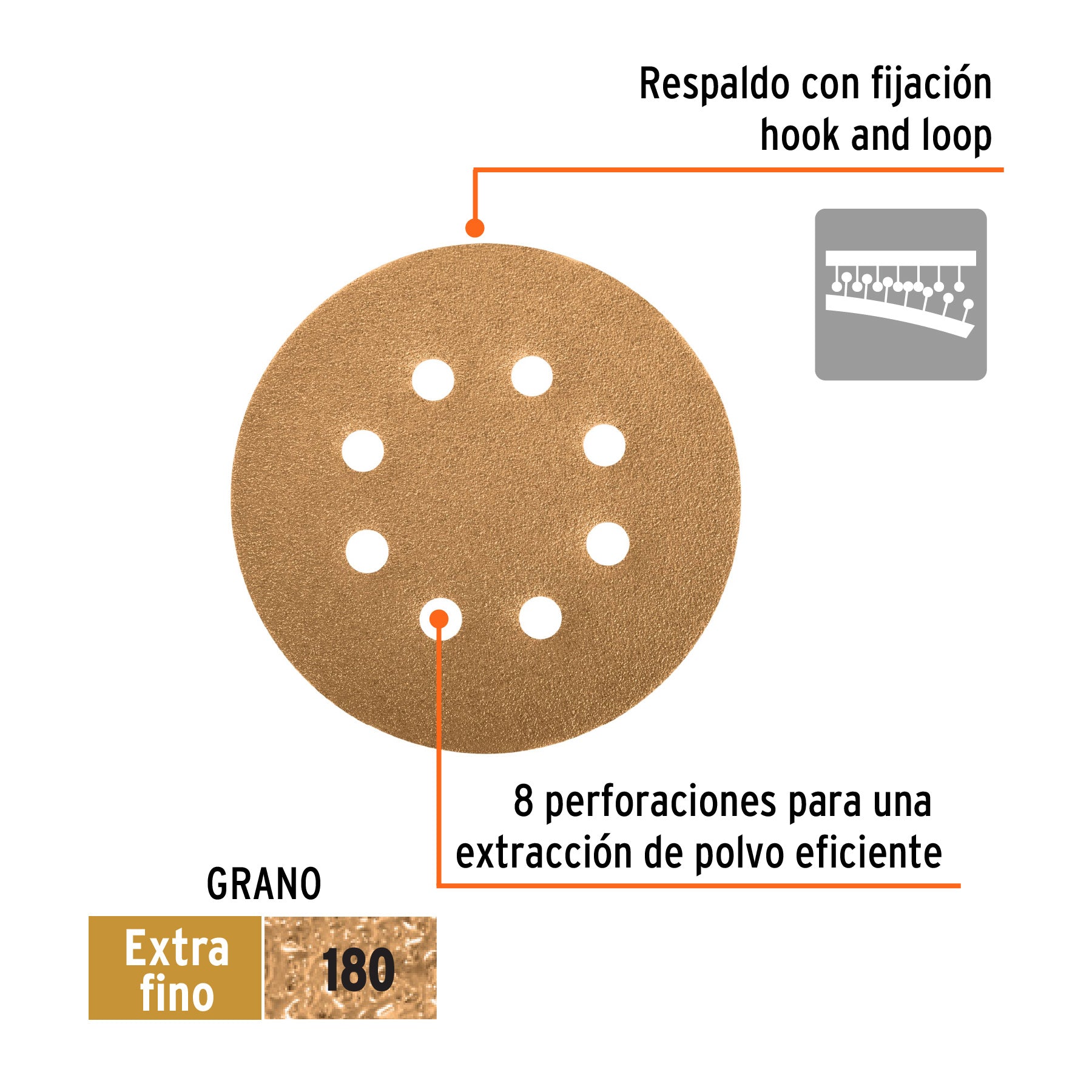 Paquete con 5 discos de lija 5" grano 180, 8 perforaciones
