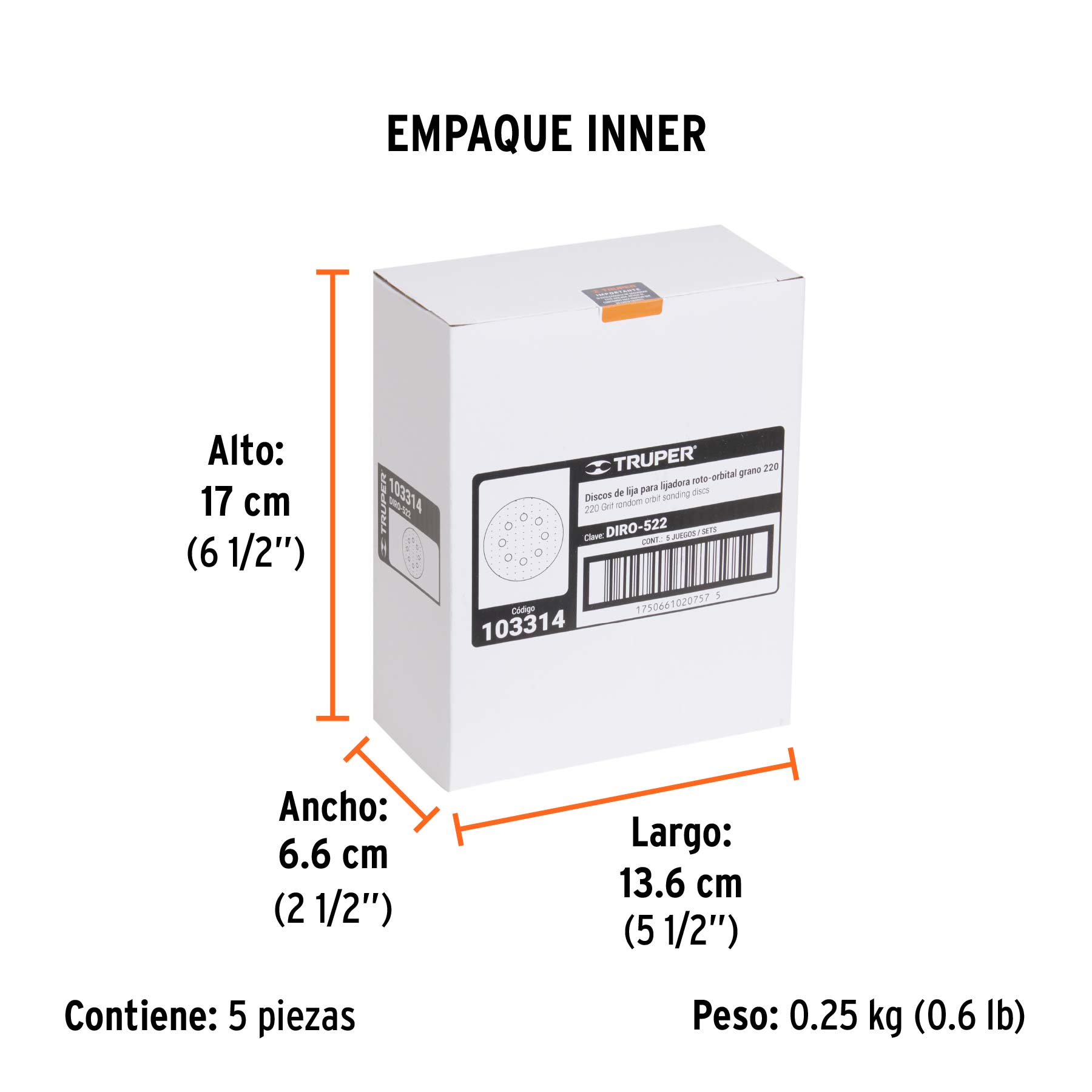 Paquete con 5 discos de lija 5" grano 220, 8 perforaciones - Empaque