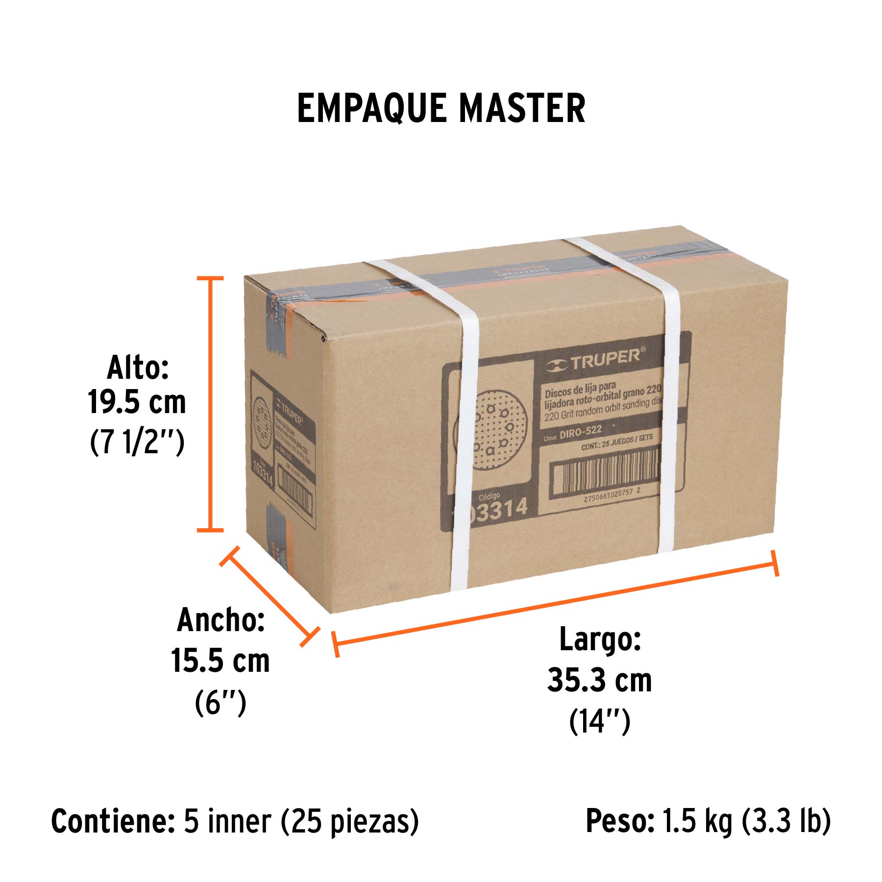 Paquete con 5 discos de lija 5" grano 220, 8 perforaciones - Empaque