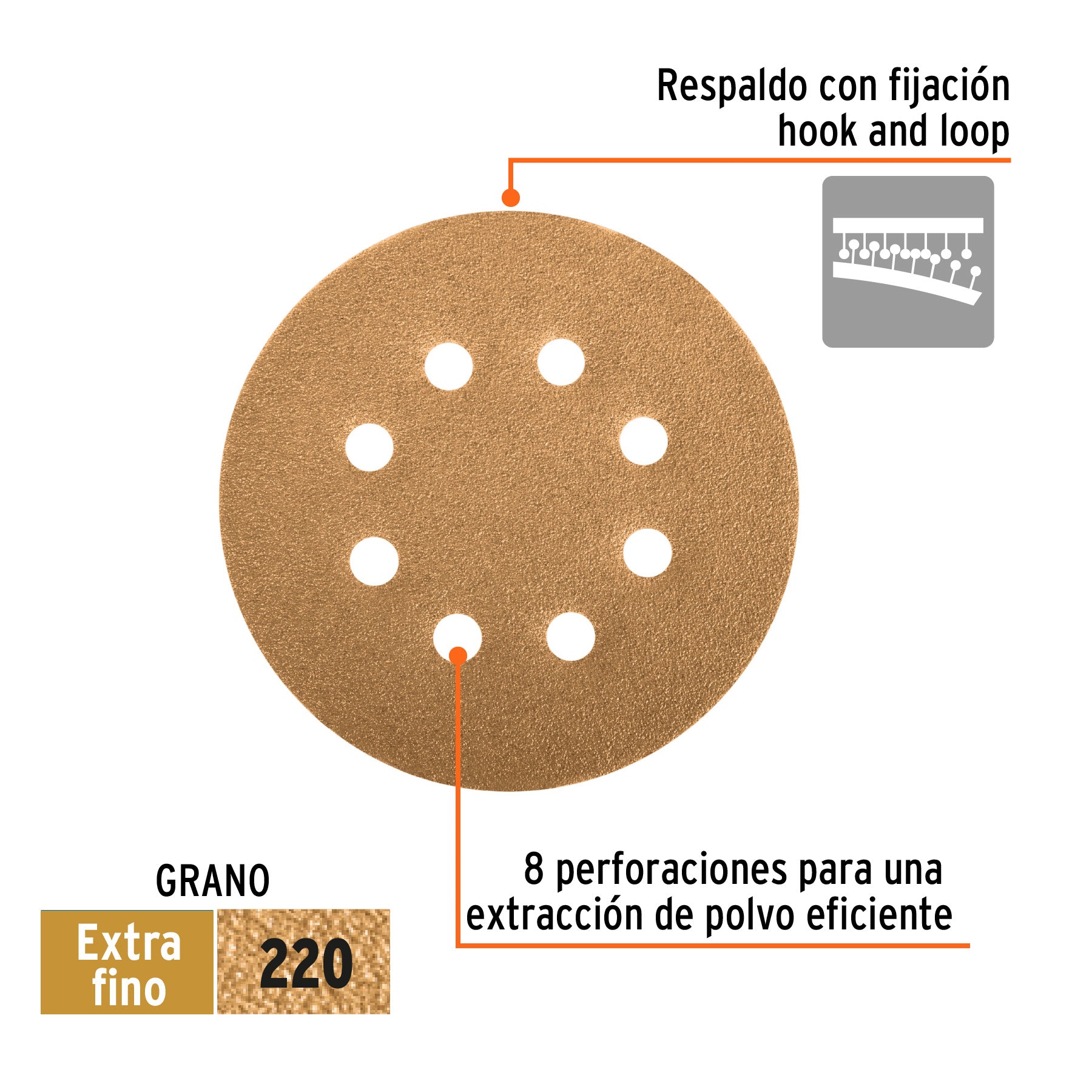 Paquete con 5 discos de lija 5" grano 220, 8 perforaciones