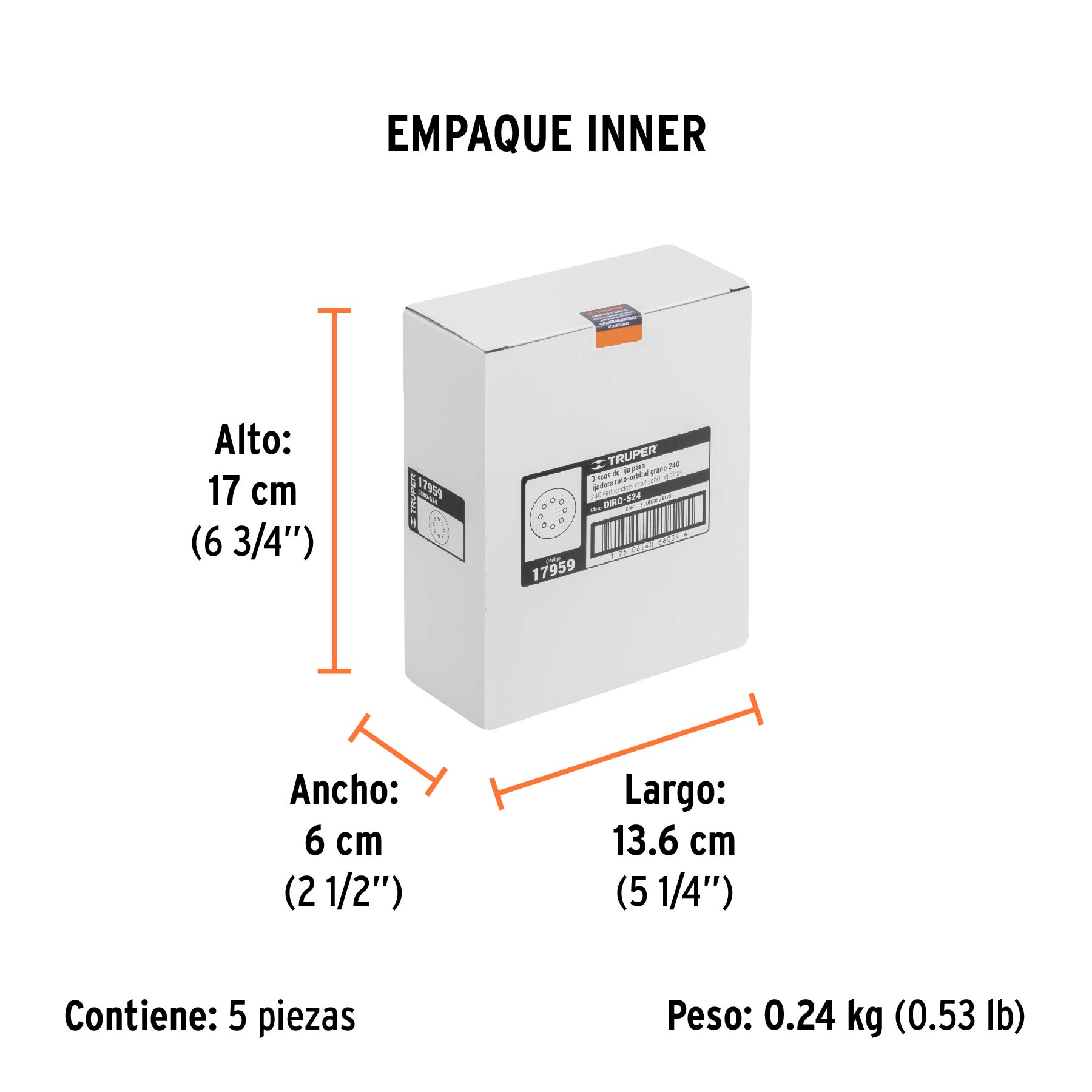 Paquete con 5 discos de lija 5" grano 240, 8 perforaciones - Empaque
