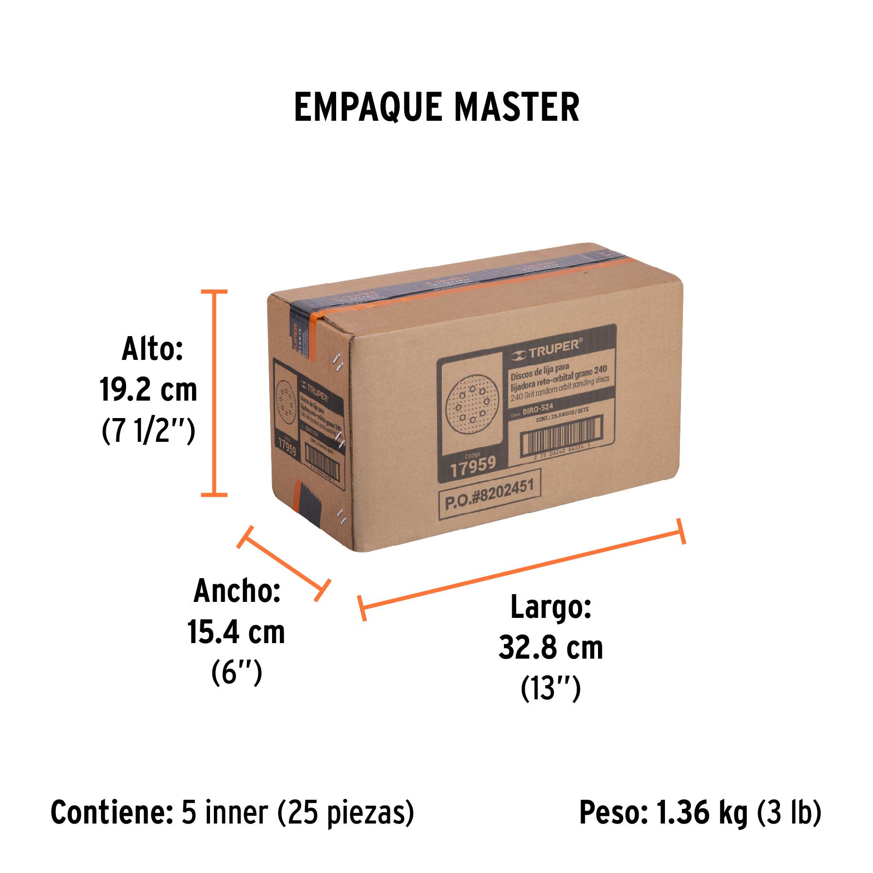 Paquete con 5 discos de lija 5" grano 240, 8 perforaciones - Empaque