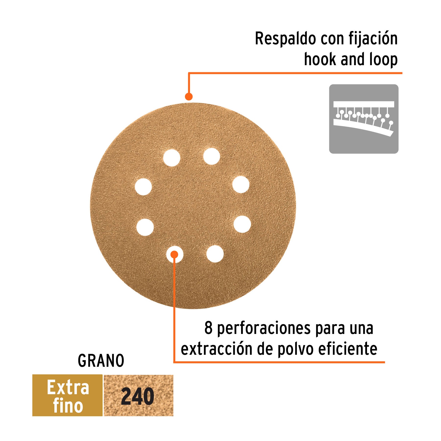 Paquete con 5 discos de lija 5" grano 240, 8 perforaciones
