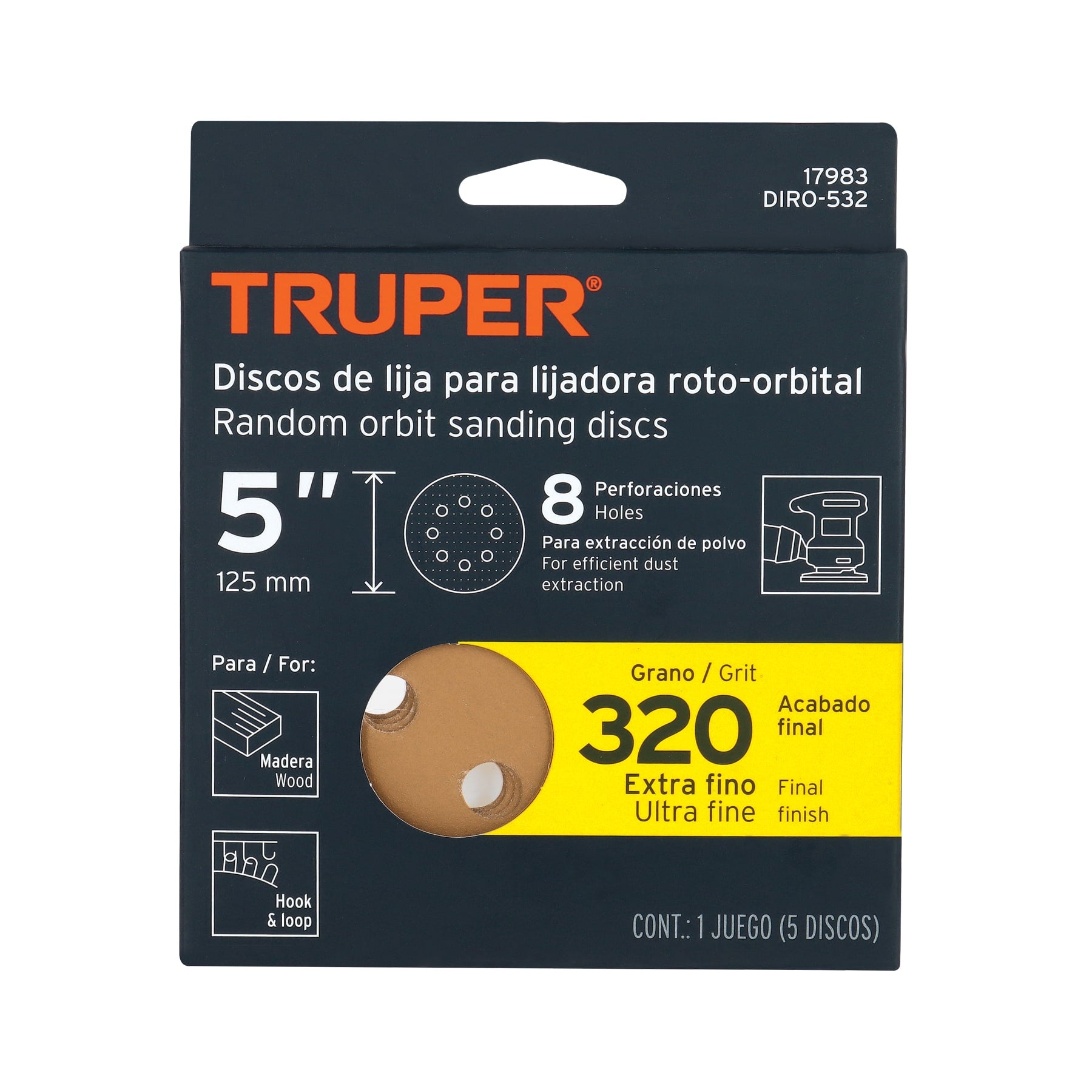 Paquete con 5 discos de lija 5" grano 320, 8 perforaciones
