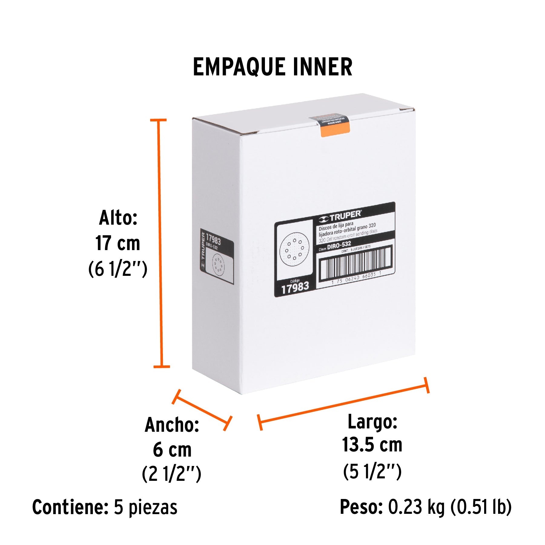 Paquete con 5 discos de lija 5" grano 320, 8 perforaciones - Empaque