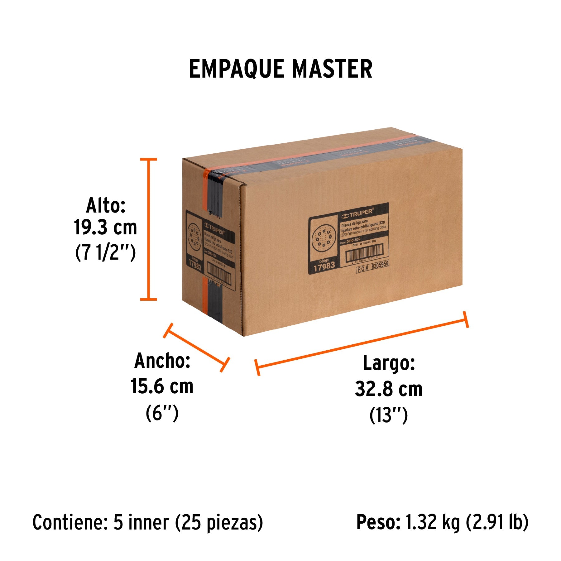 Paquete con 5 discos de lija 5" grano 320, 8 perforaciones - Empaque