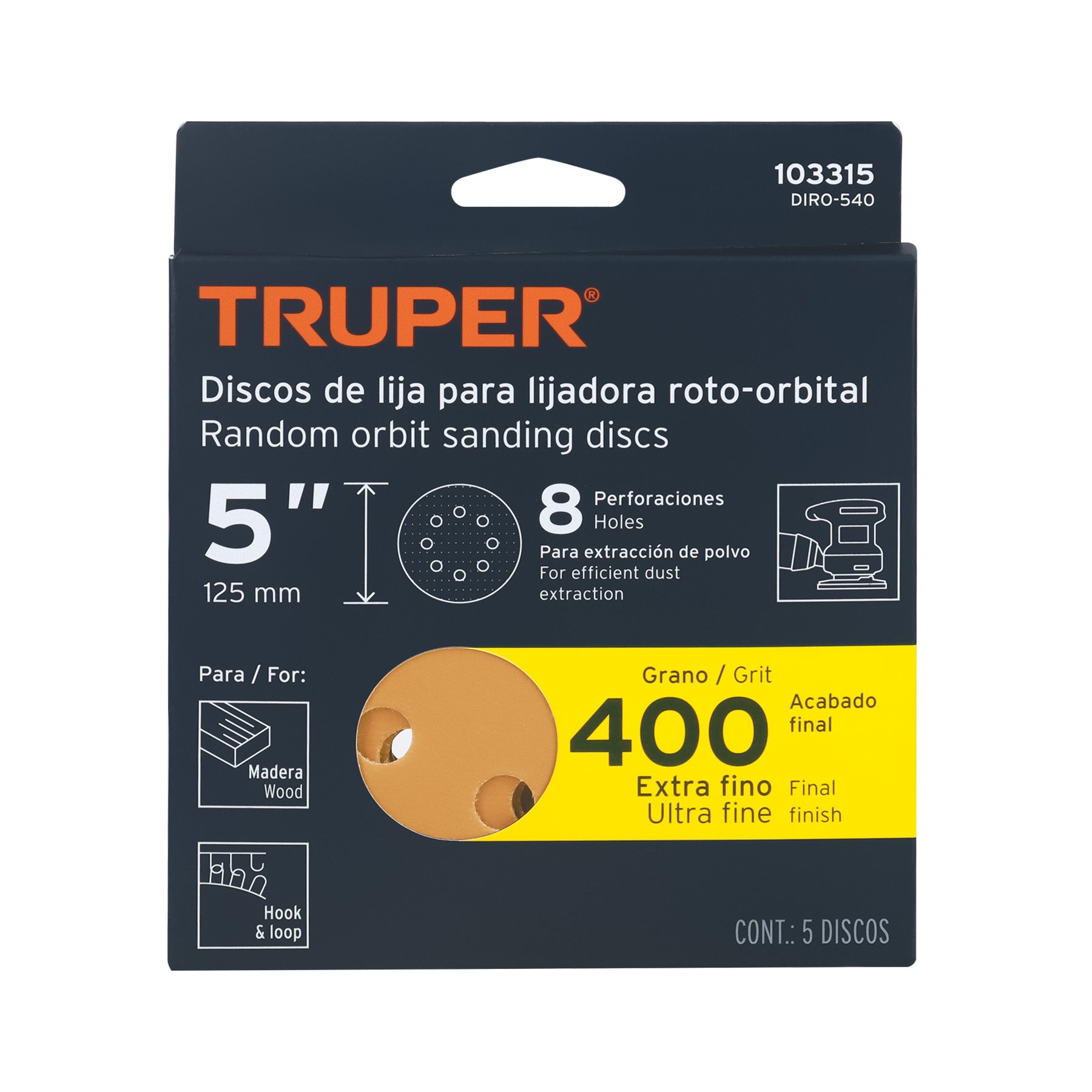 Paquete con 5 discos de lija 5" grano 400, 8 perforaciones