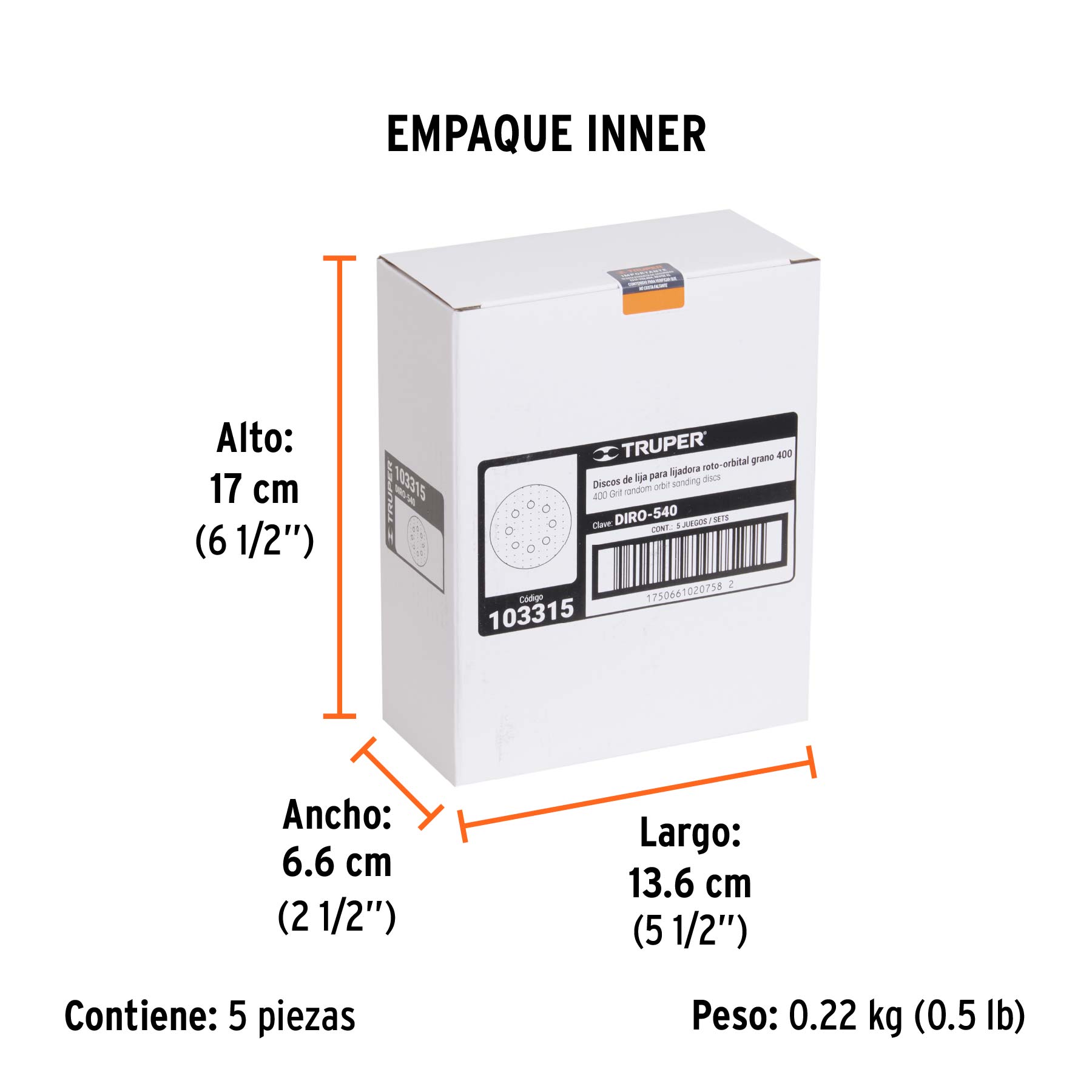 Paquete con 5 discos de lija 5" grano 400, 8 perforaciones - Empaque