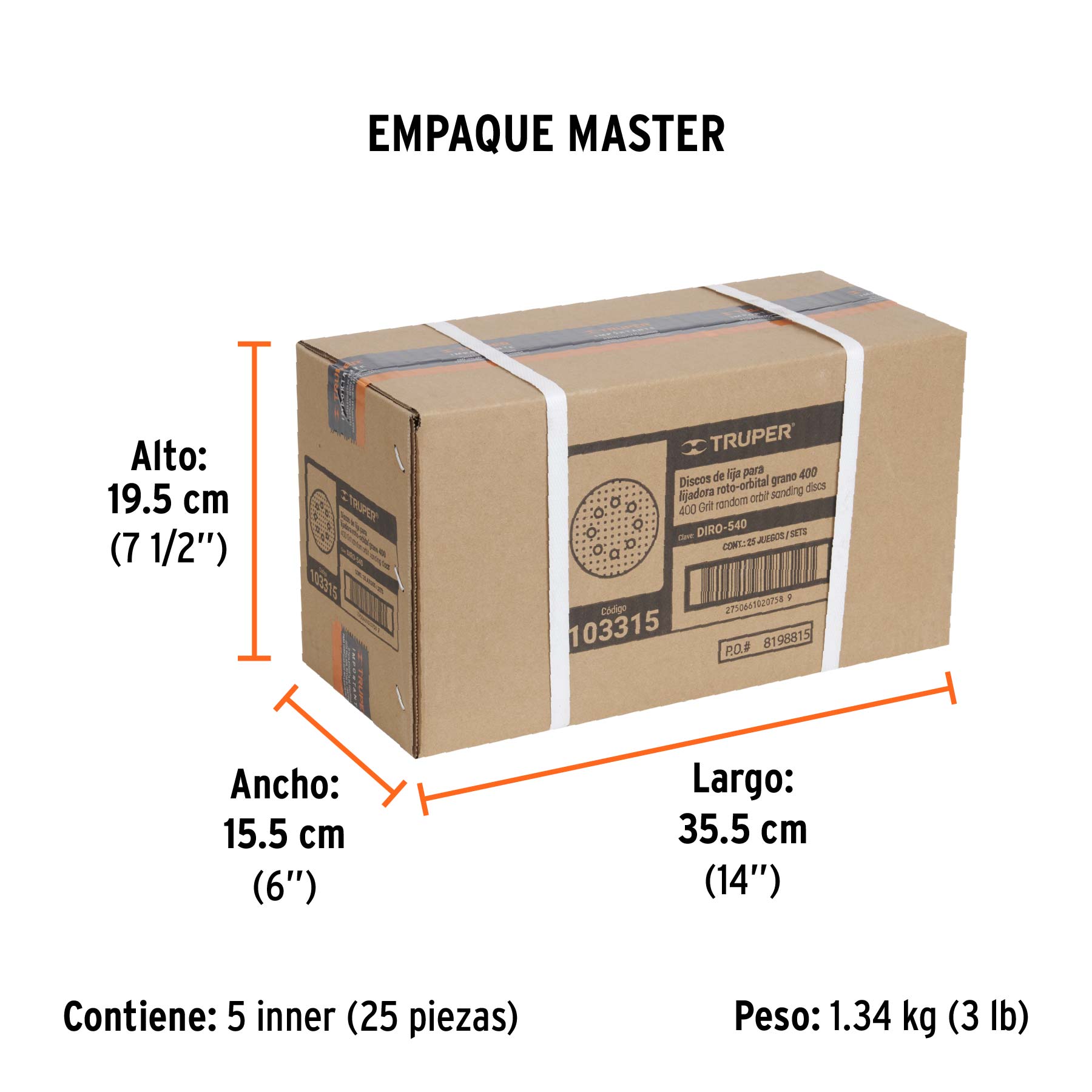 Paquete con 5 discos de lija 5" grano 400, 8 perforaciones - Empaque